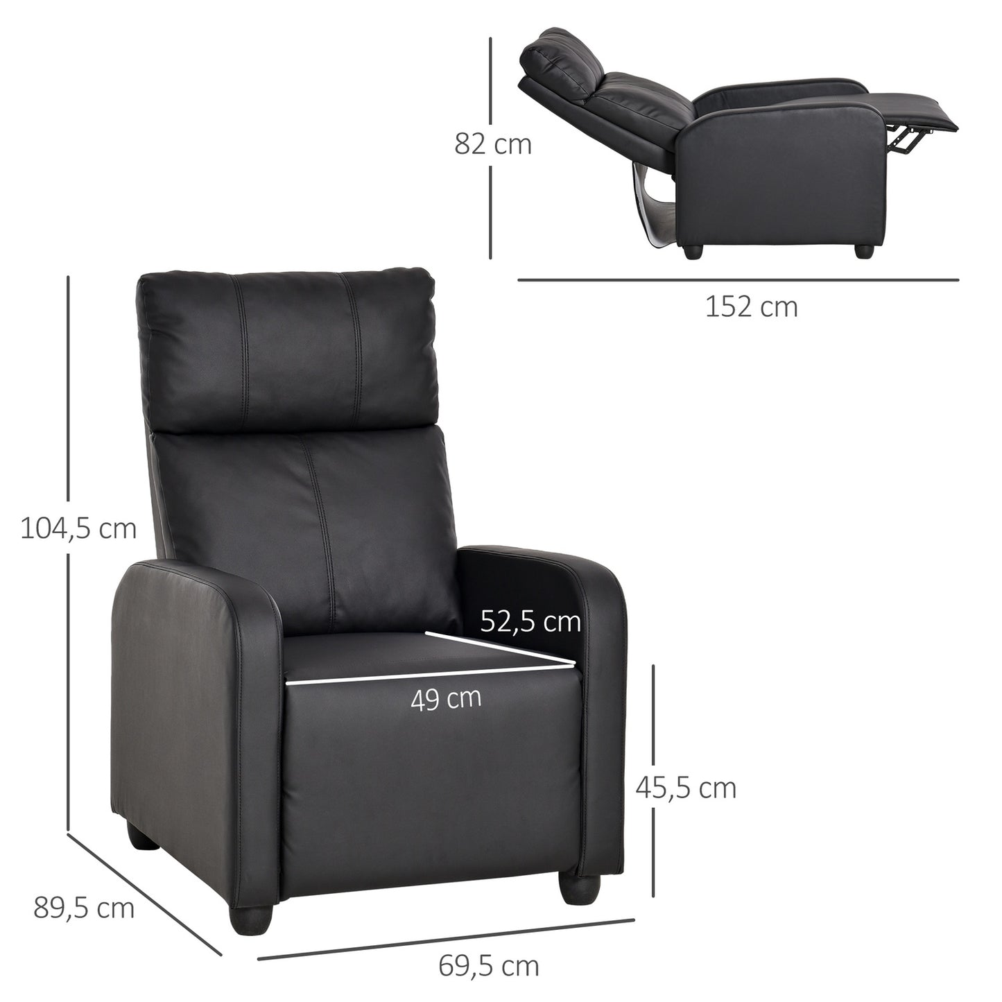 Reclining TV chair in imitation leather - black, relaxation function