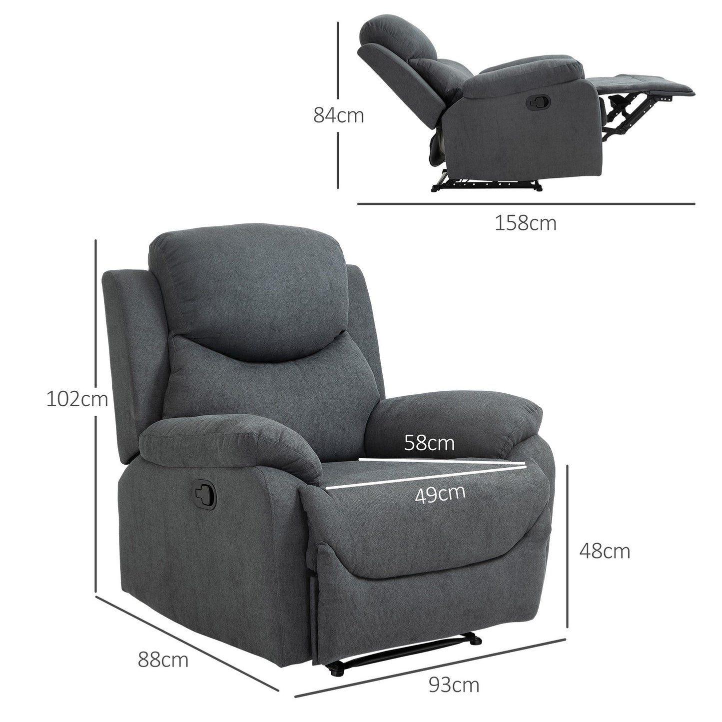 Reclining TV chair in linen look, can handle up to 150 kg
