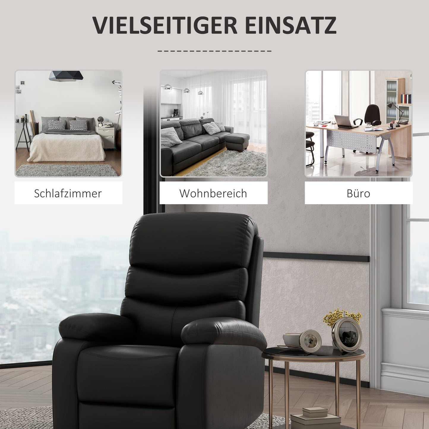 Reclining TV chair with footrest, black artificial leather, 125 kg capacity