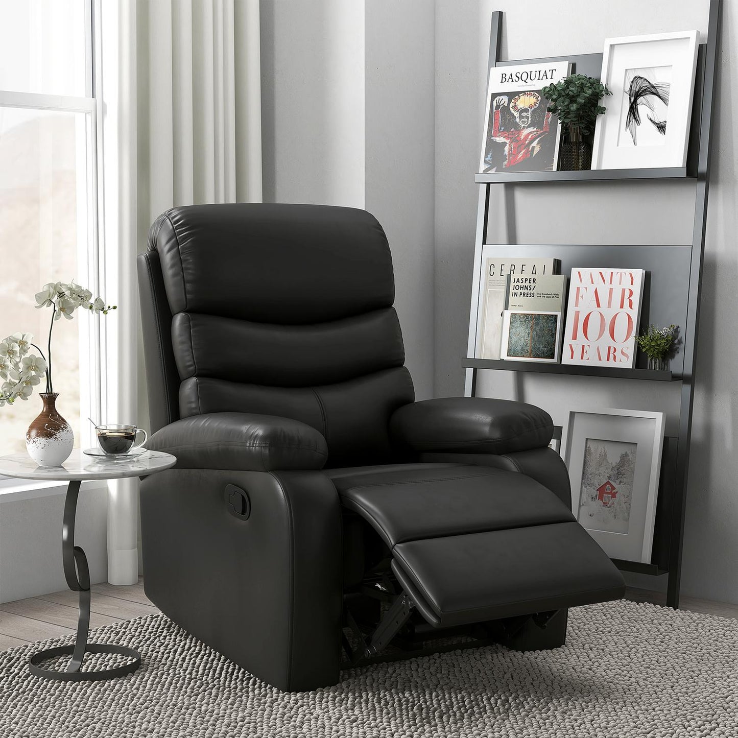 Reclining TV chair with footrest, black artificial leather, 125 kg capacity
