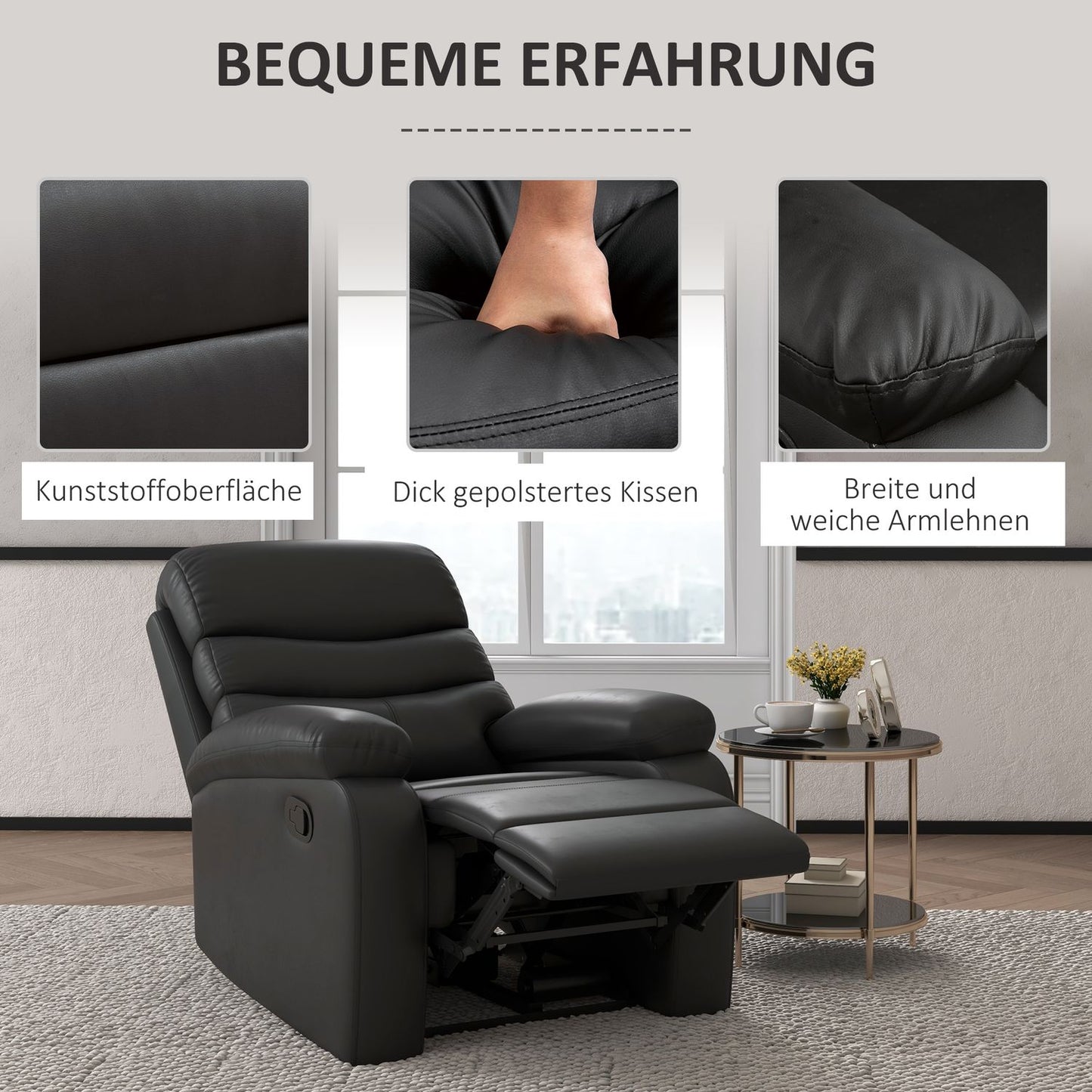 Reclining TV chair with footrest, black artificial leather, 125 kg capacity
