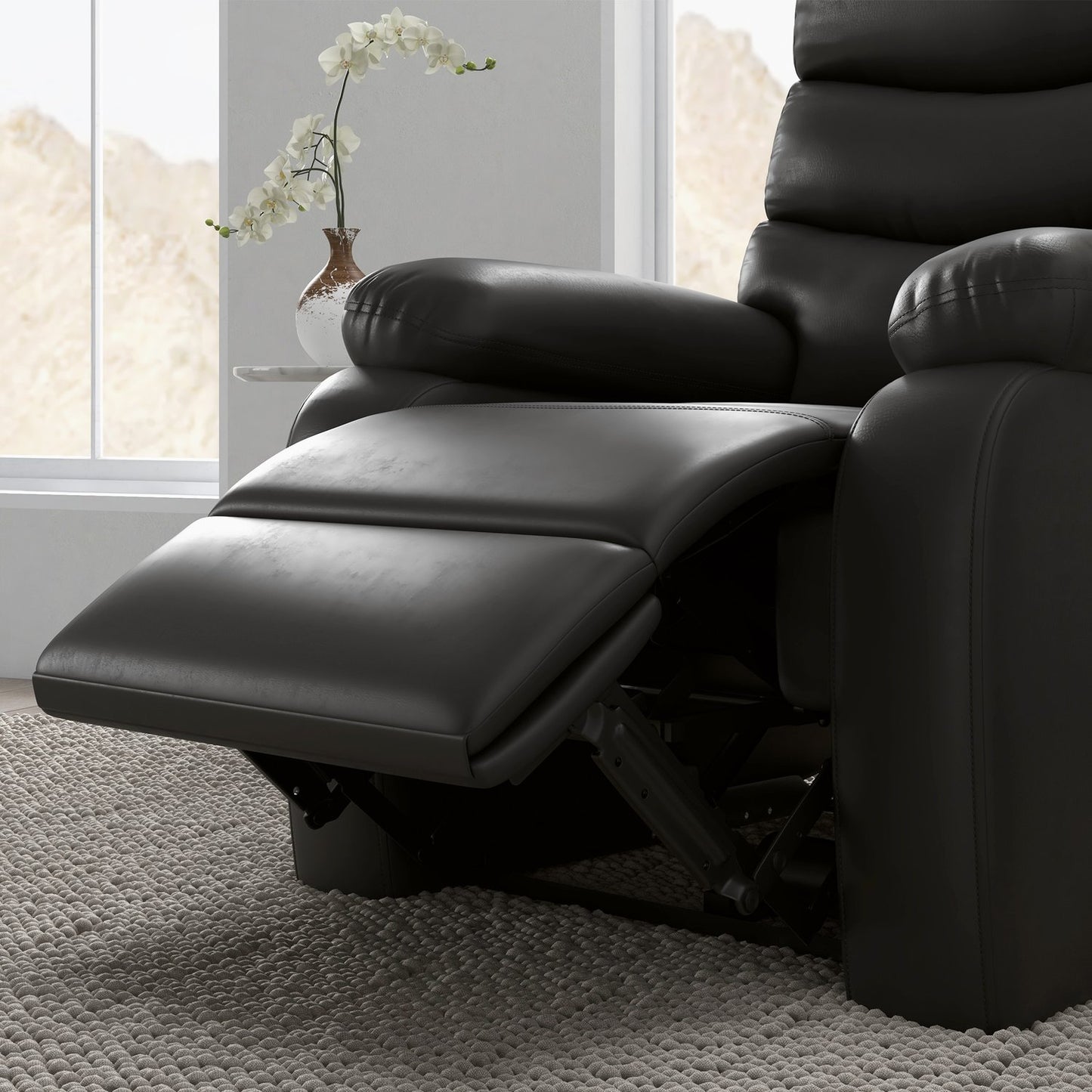 Reclining TV chair with footrest, black artificial leather, 125 kg capacity