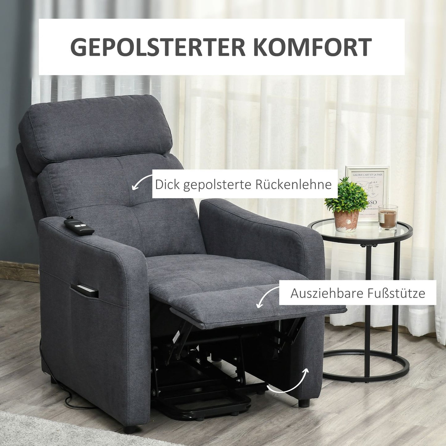 Lounger with standing aid, steel gray polyester fabric
