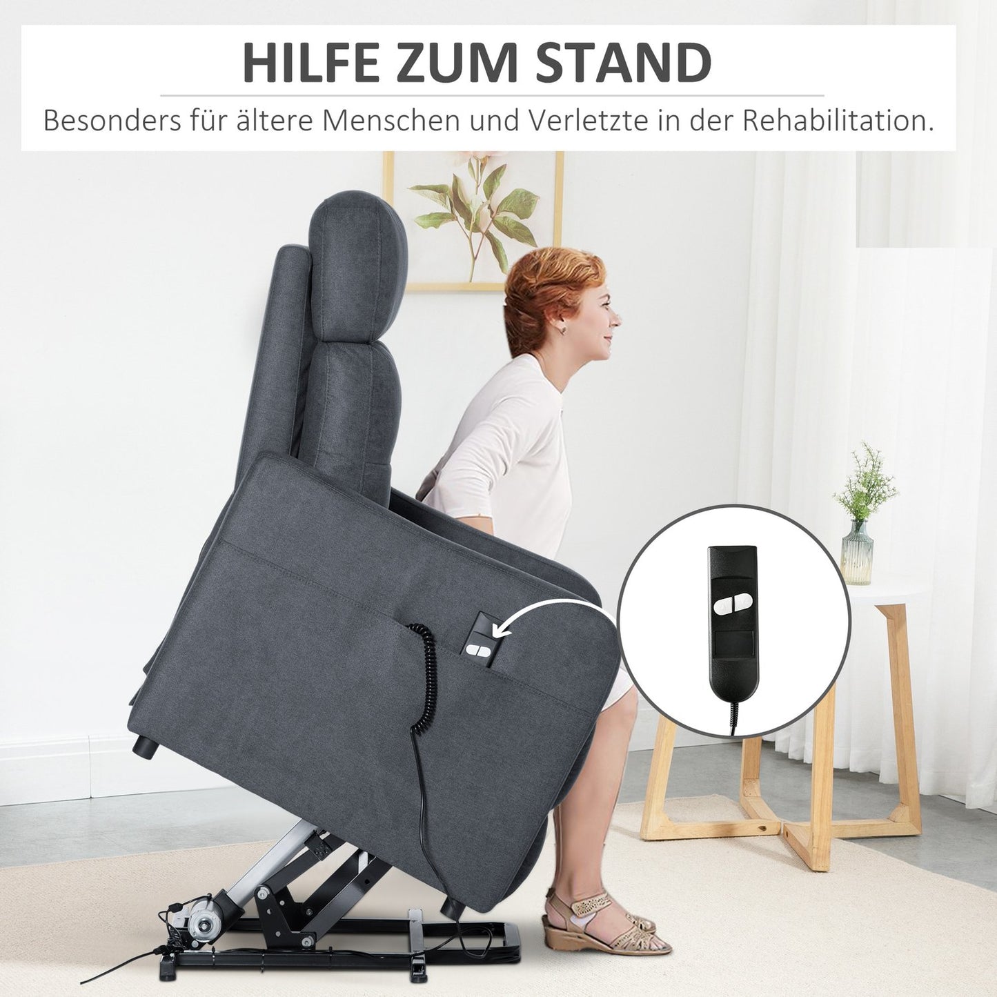 Lounger with standing aid, steel gray polyester fabric