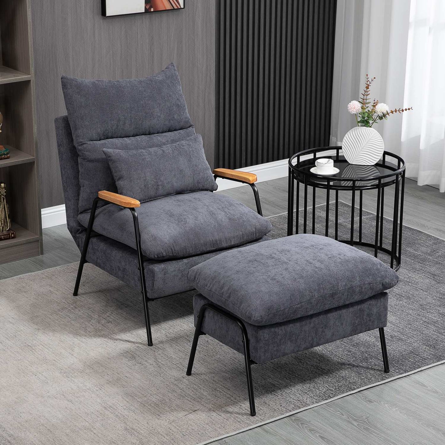 Lounger with ottoman, upholstered, grey, 68x91.5x88 cm