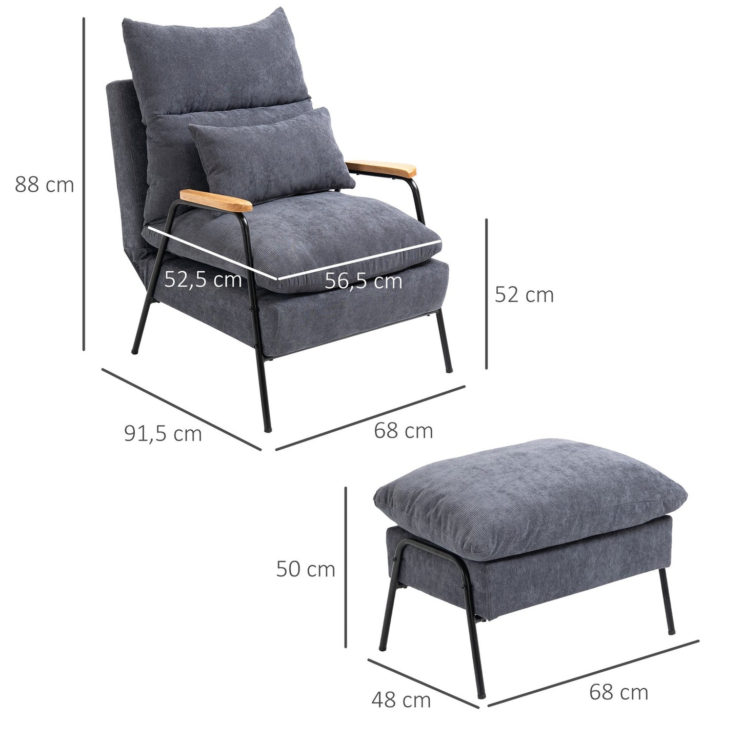 Lounger with ottoman, upholstered, grey, 68x91.5x88 cm