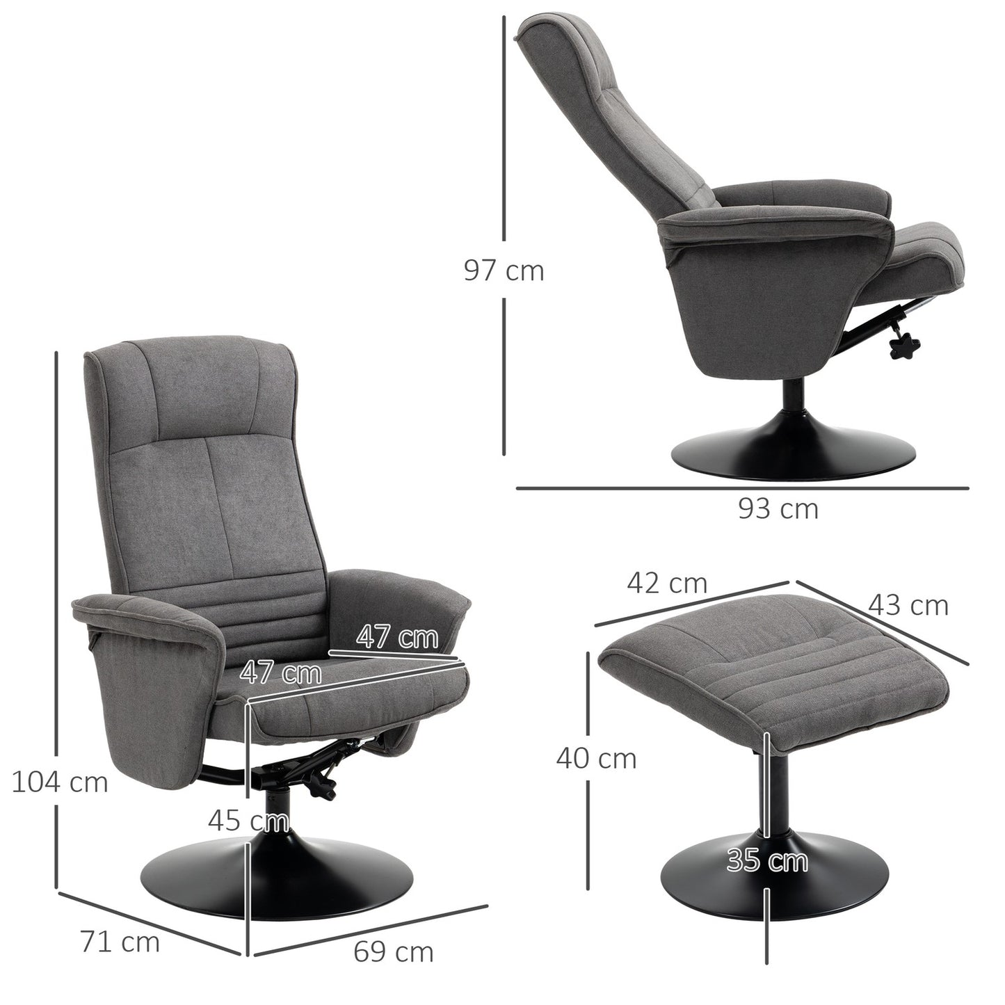Lounger with footstool, 360° rotatable, dark gray foam