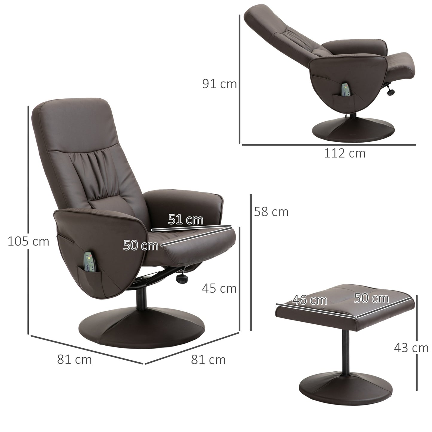Lounger with footstool, artificial leather, massage function