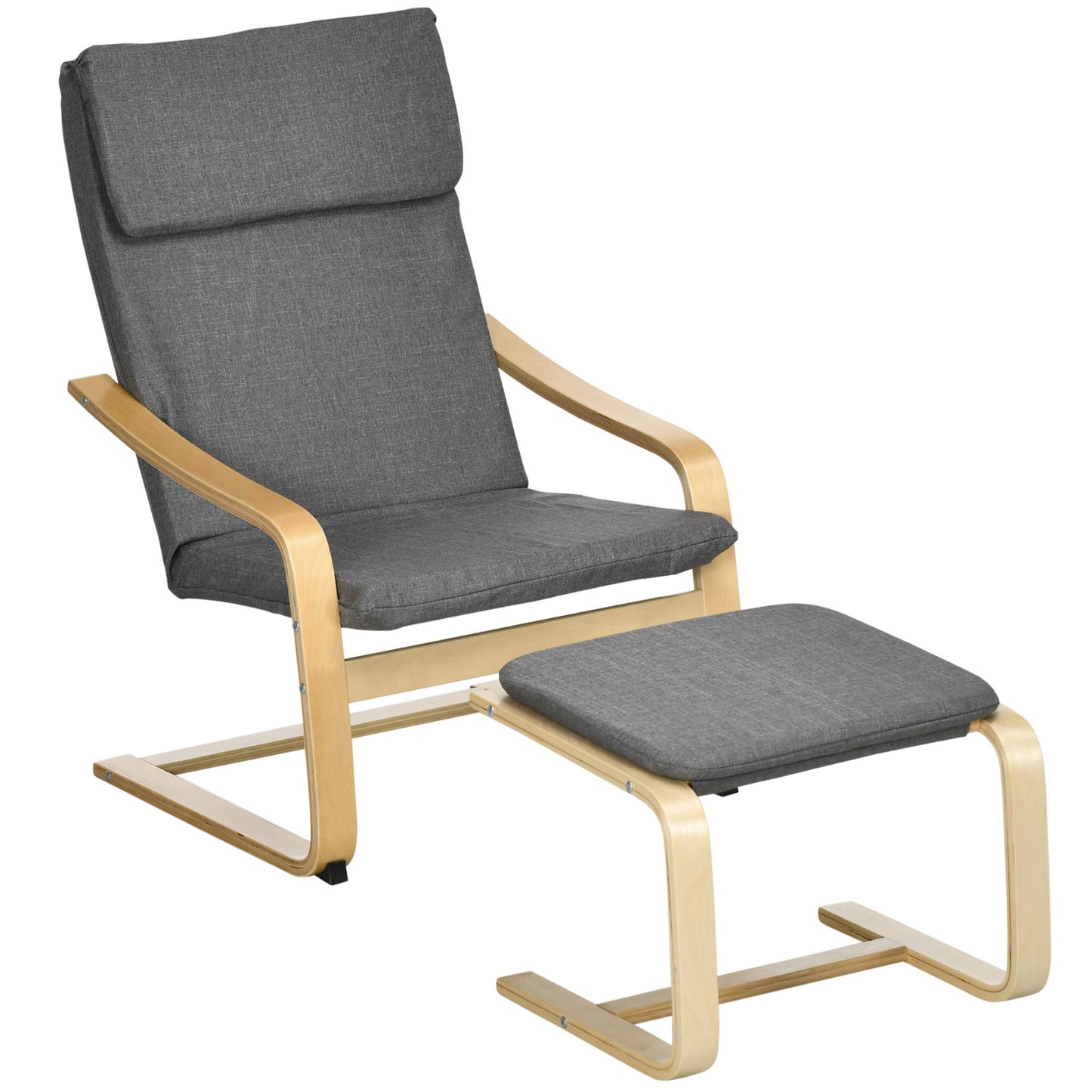 Relaxation chair in gray linen with armrests and footstool