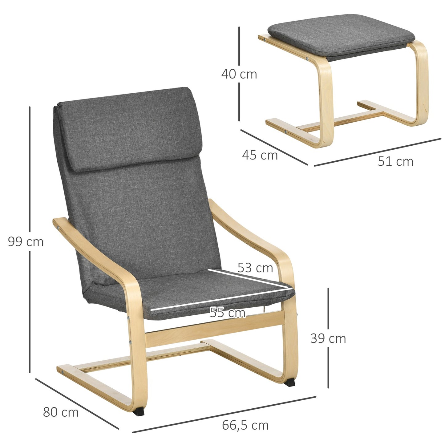 Relaxation chair in gray linen with armrests and footstool