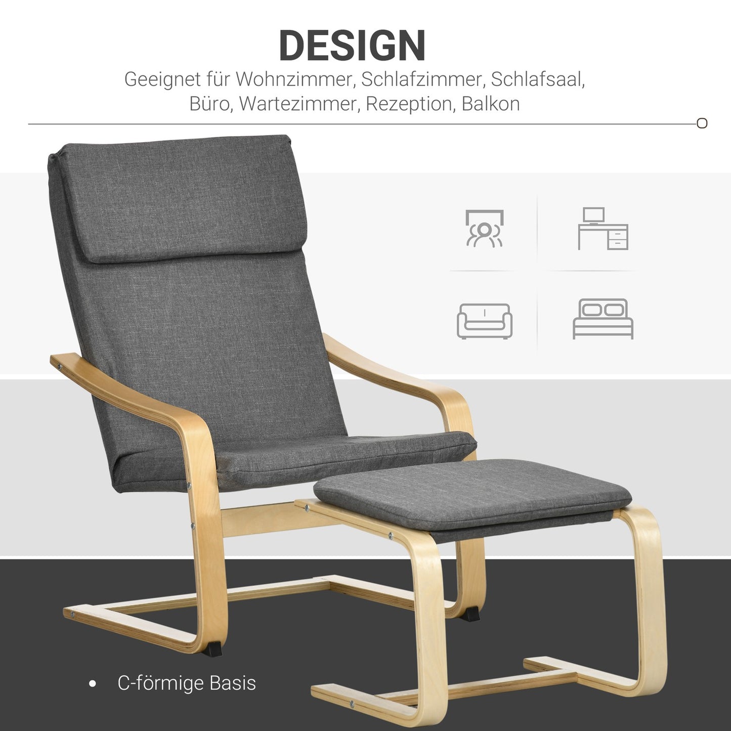 Relaxation chair in gray linen with armrests and footstool