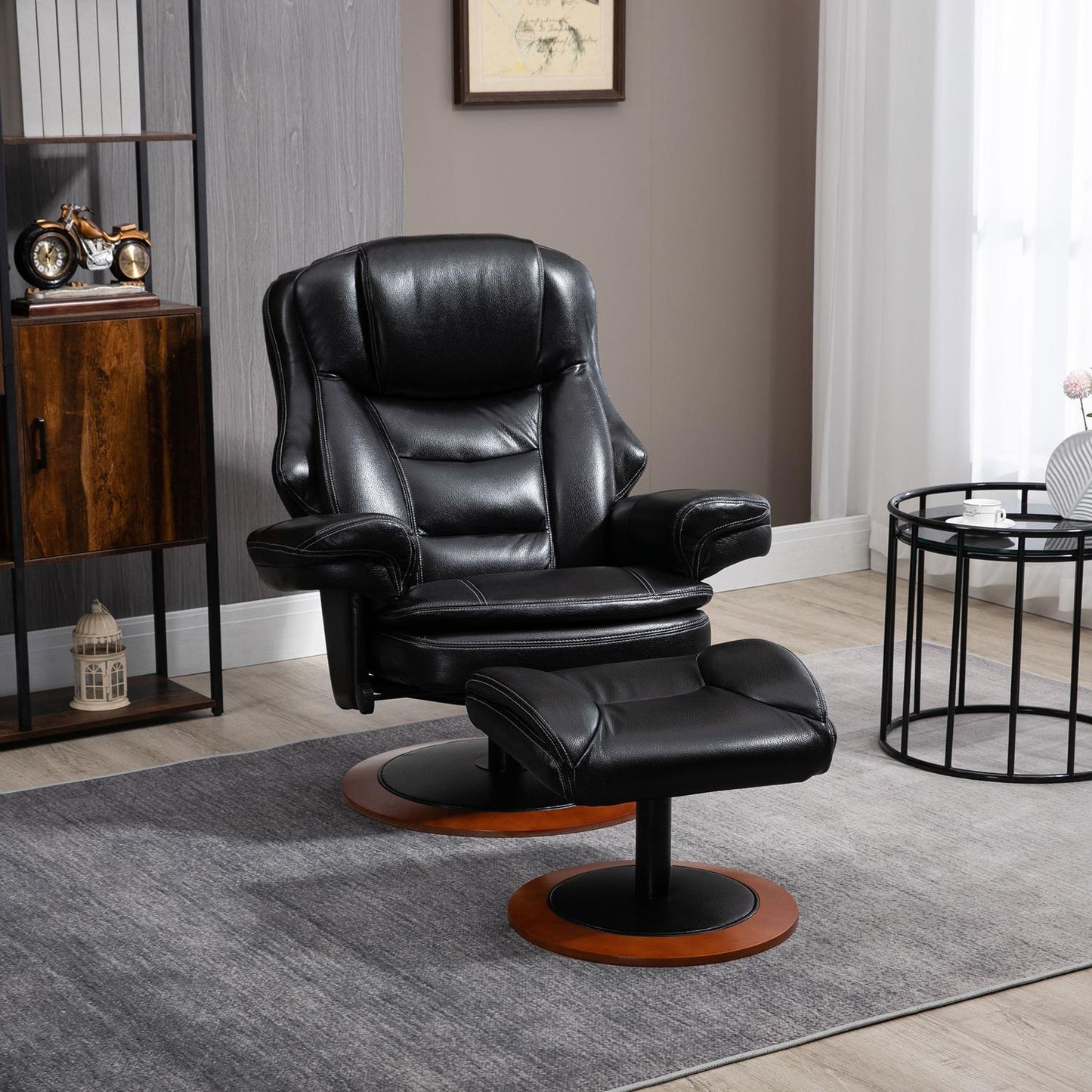 Reclining relaxation chair in artificial leather with ottoman, black