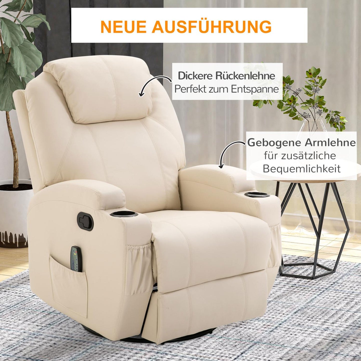 Electric reclining massage chair, 5 positions, cream white leather