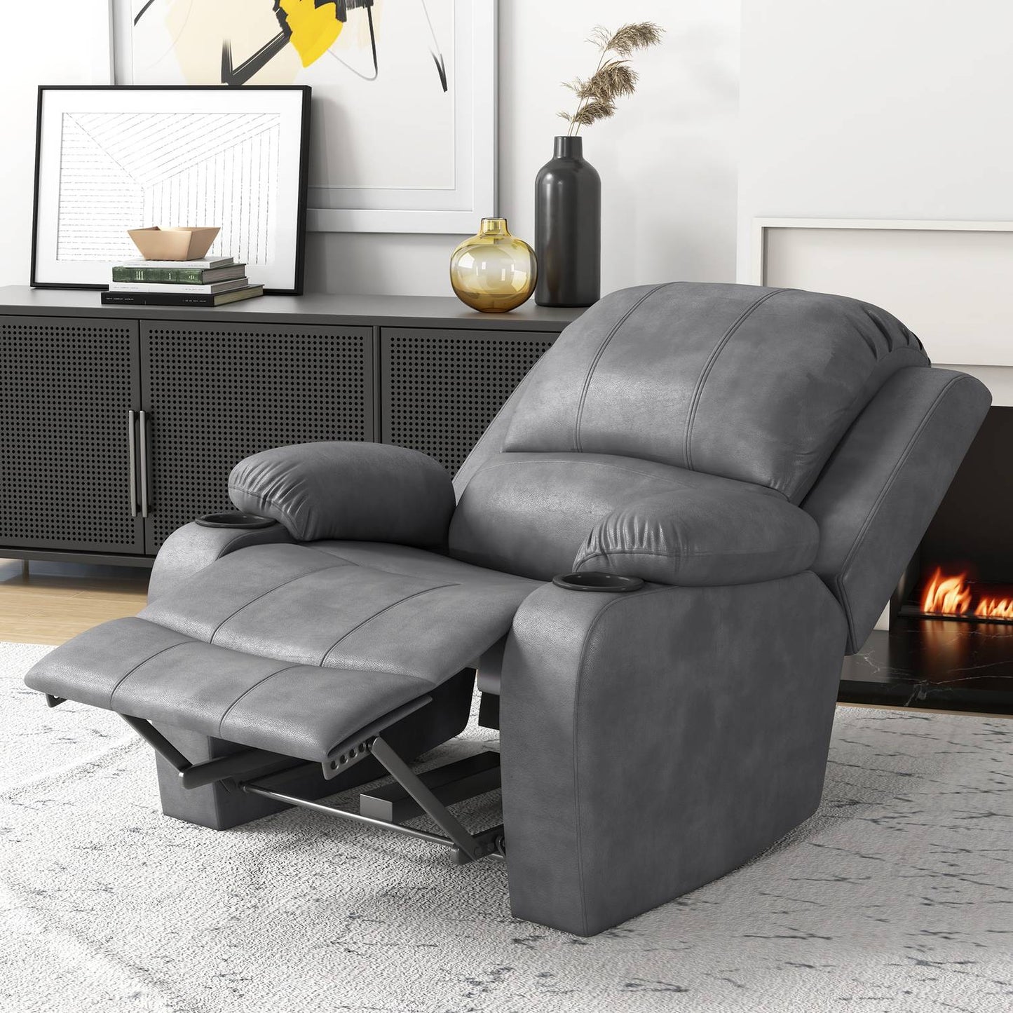 Rocking chair with cup holder, gray microfiber