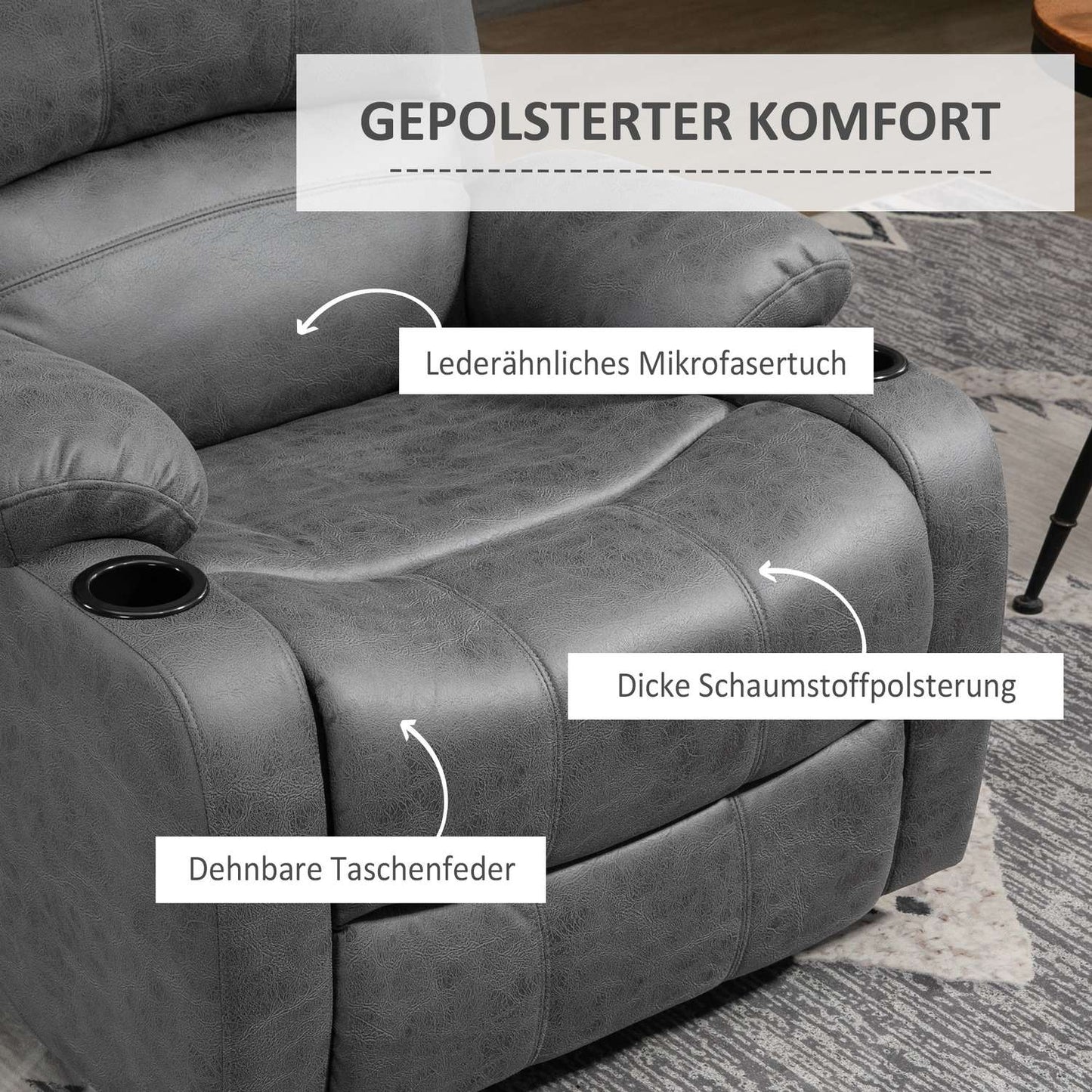 Rocking chair with cup holder, gray microfiber