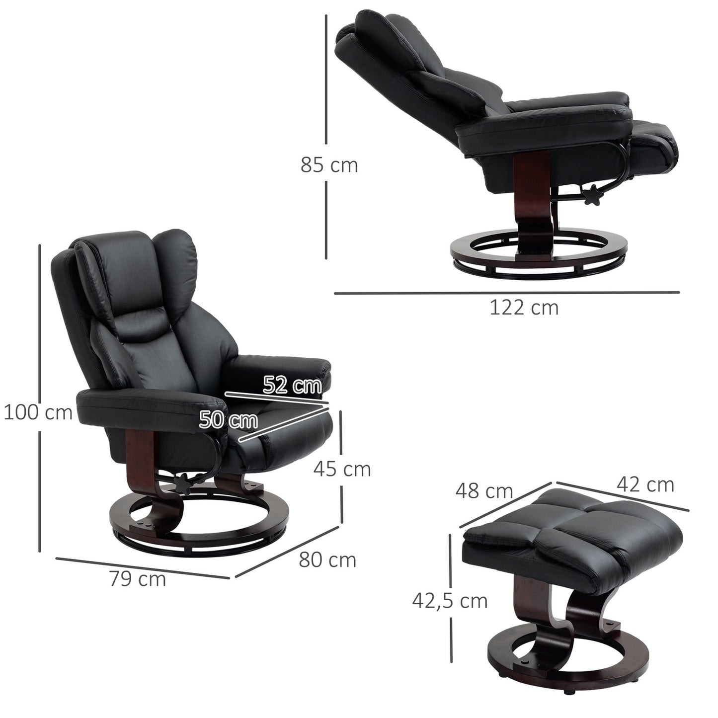 Black recliner in artificial leather with rotating footstool