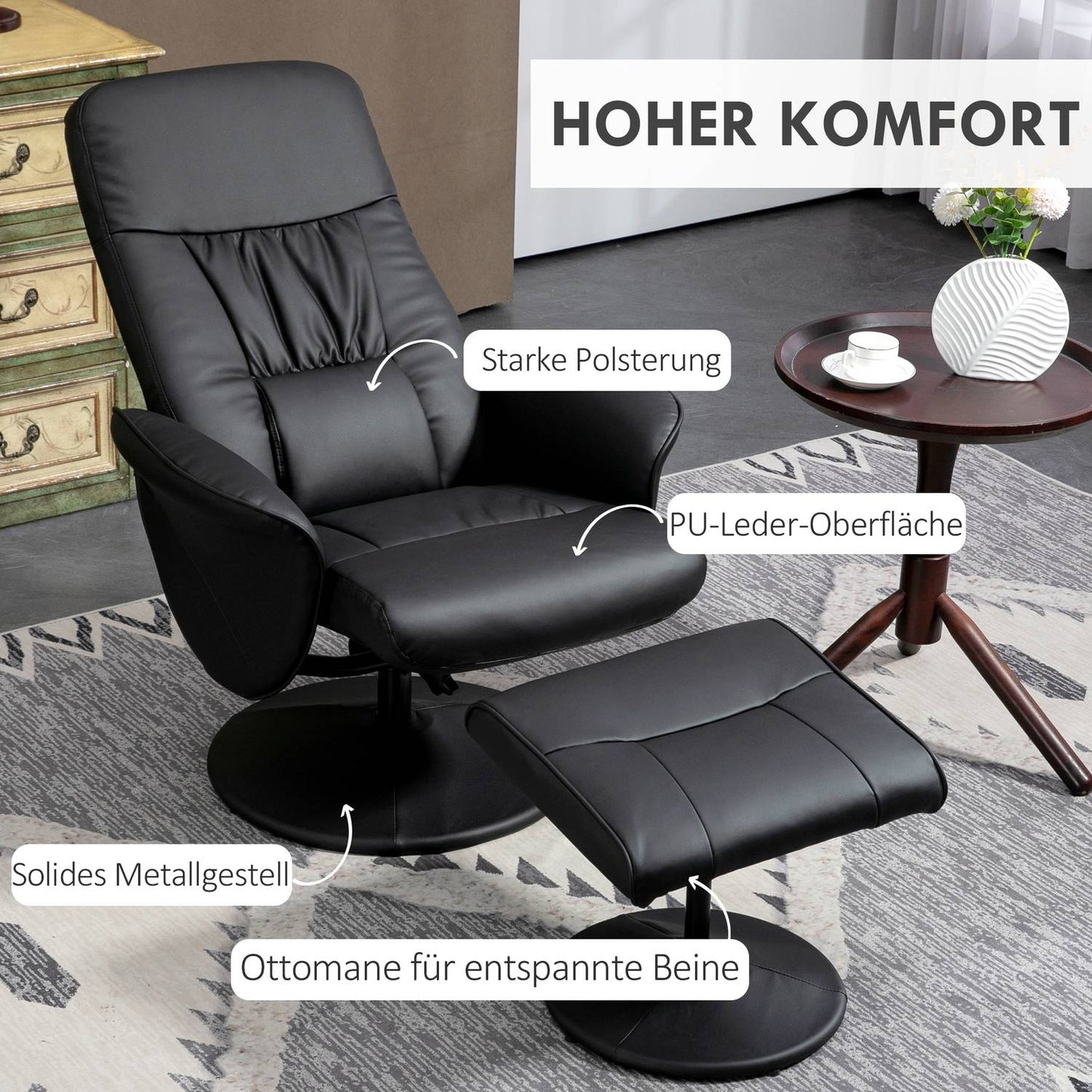 Black reclining swivel chair in artificial leather with stool