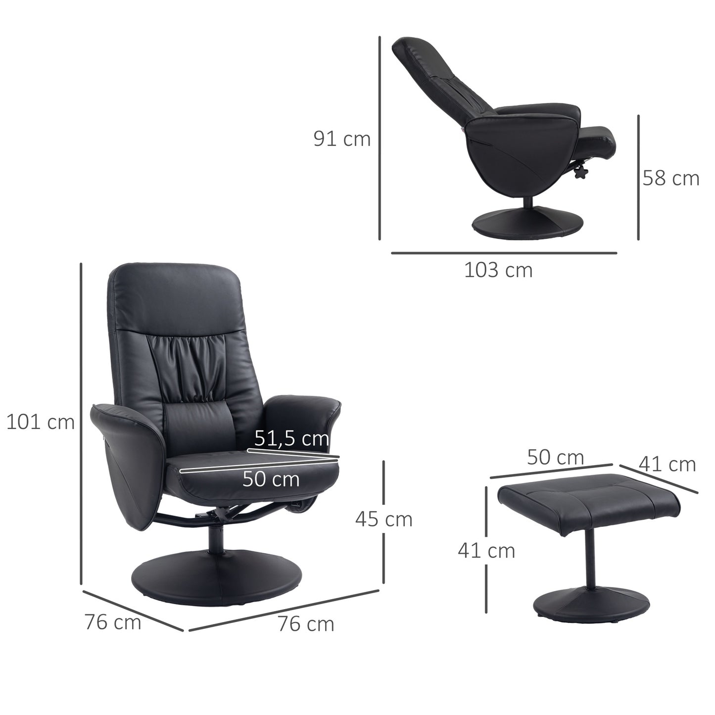 Black reclining swivel chair in artificial leather with stool