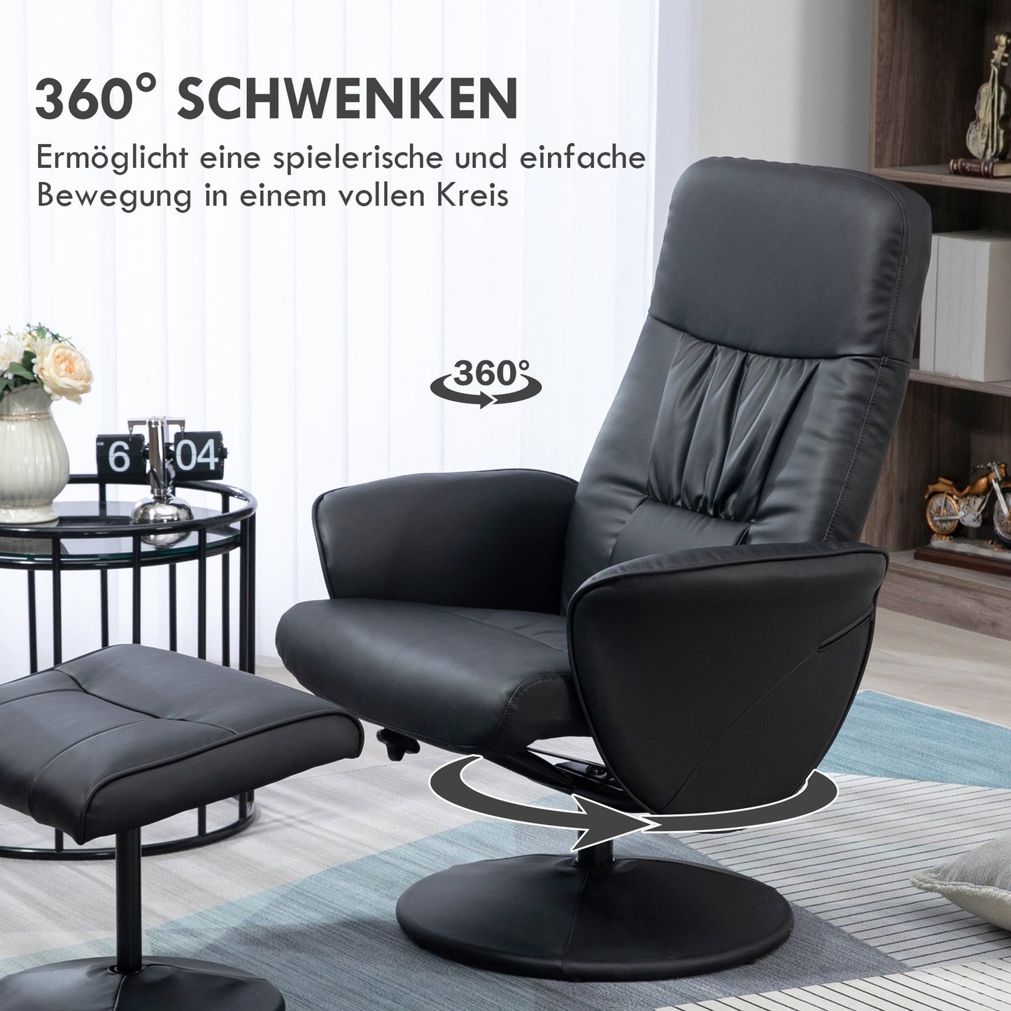Black reclining swivel chair in artificial leather with stool