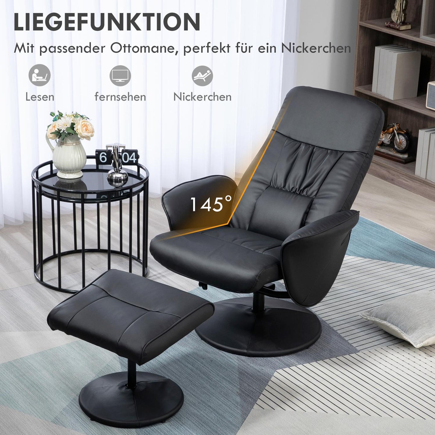 Black reclining swivel chair in artificial leather with stool