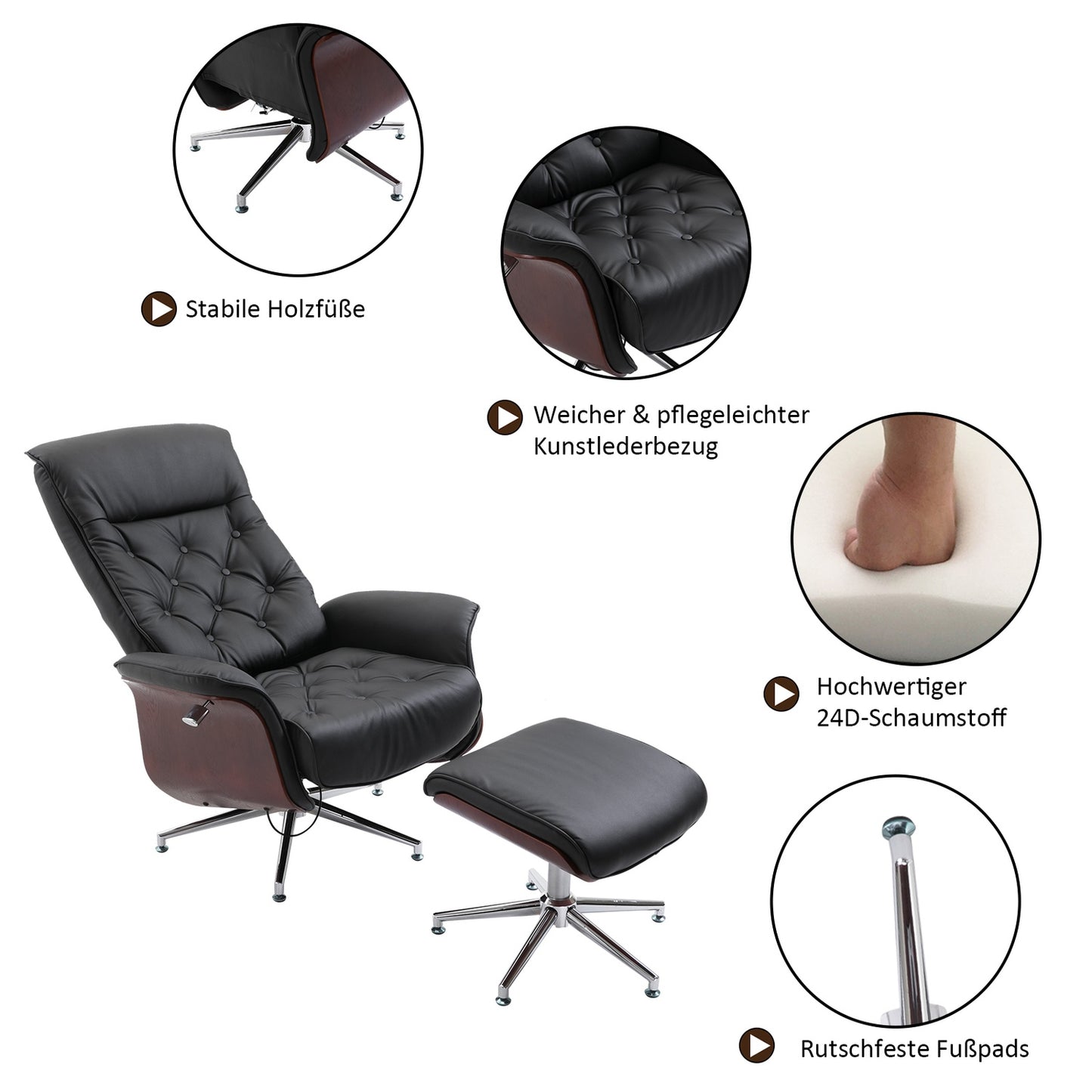Chesterfield relaxation chair and stool, 360° rotatable, PU leather