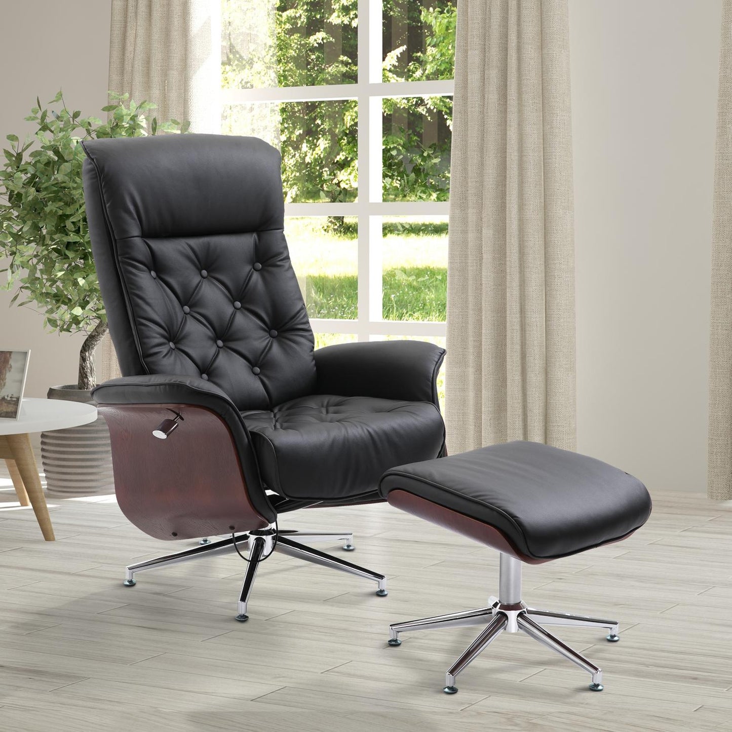 Chesterfield relaxation chair and stool, 360° rotatable, PU leather
