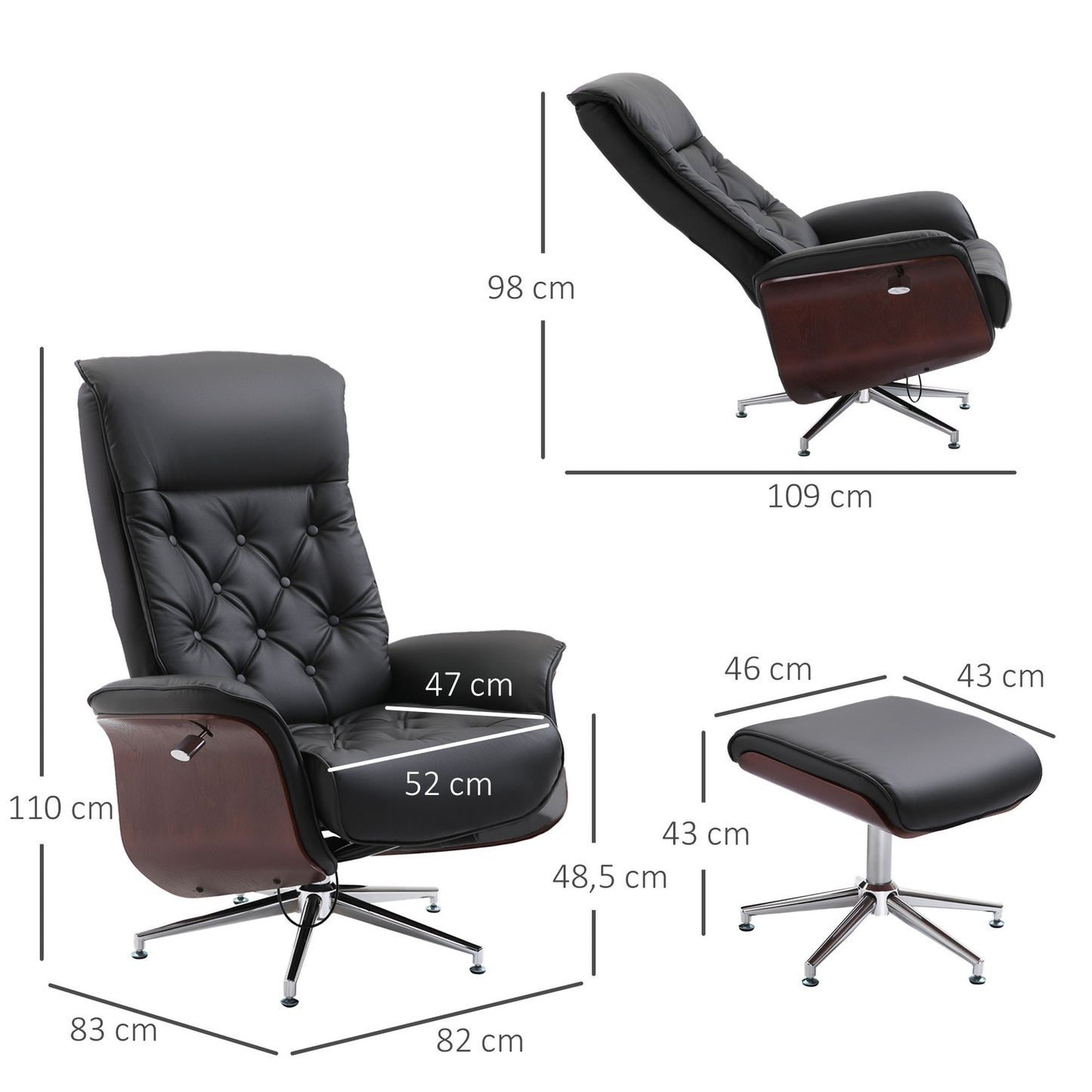 Chesterfield relaxation chair and stool, 360° rotatable, PU leather