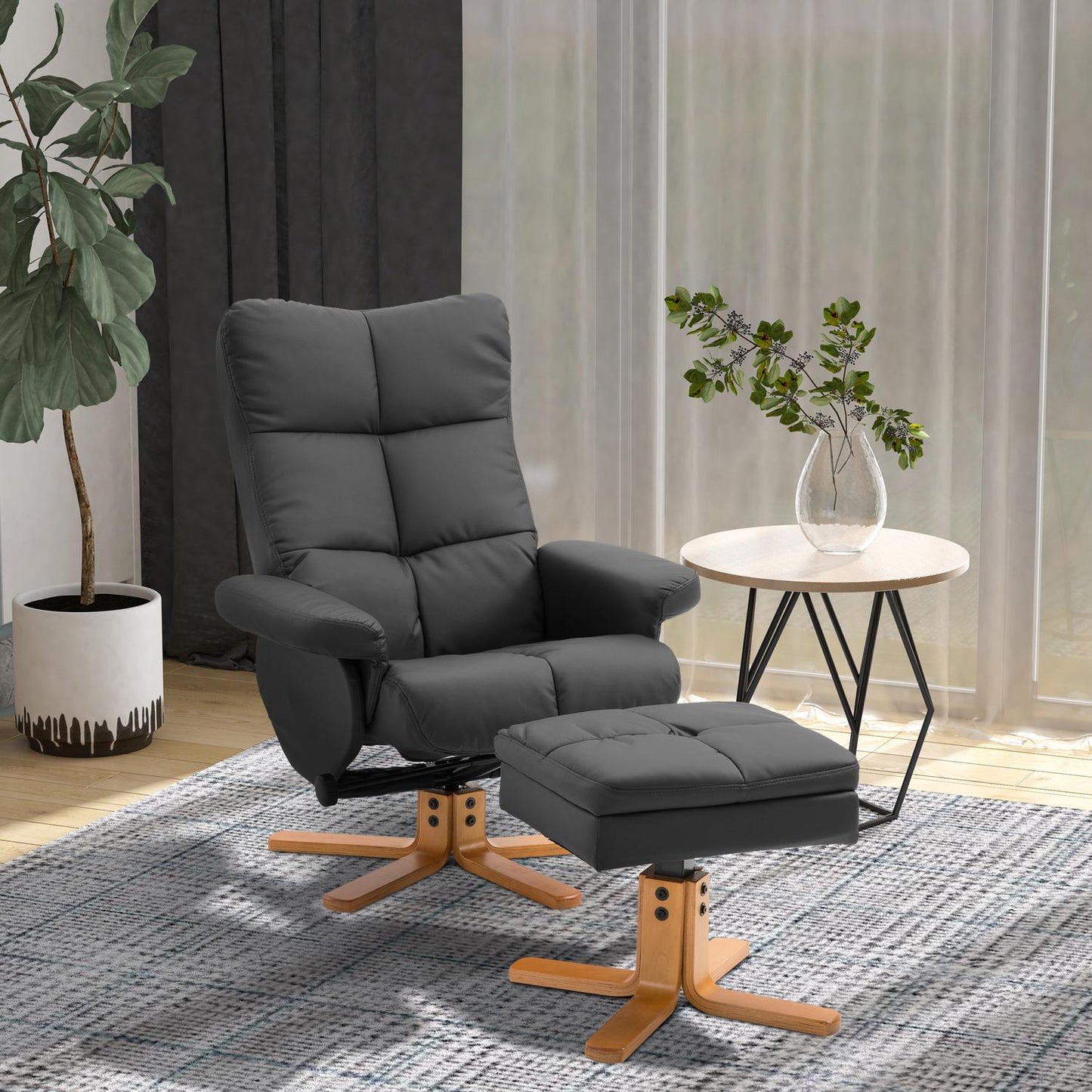 Lounger with ottoman, 360° rotatable, black PU leather