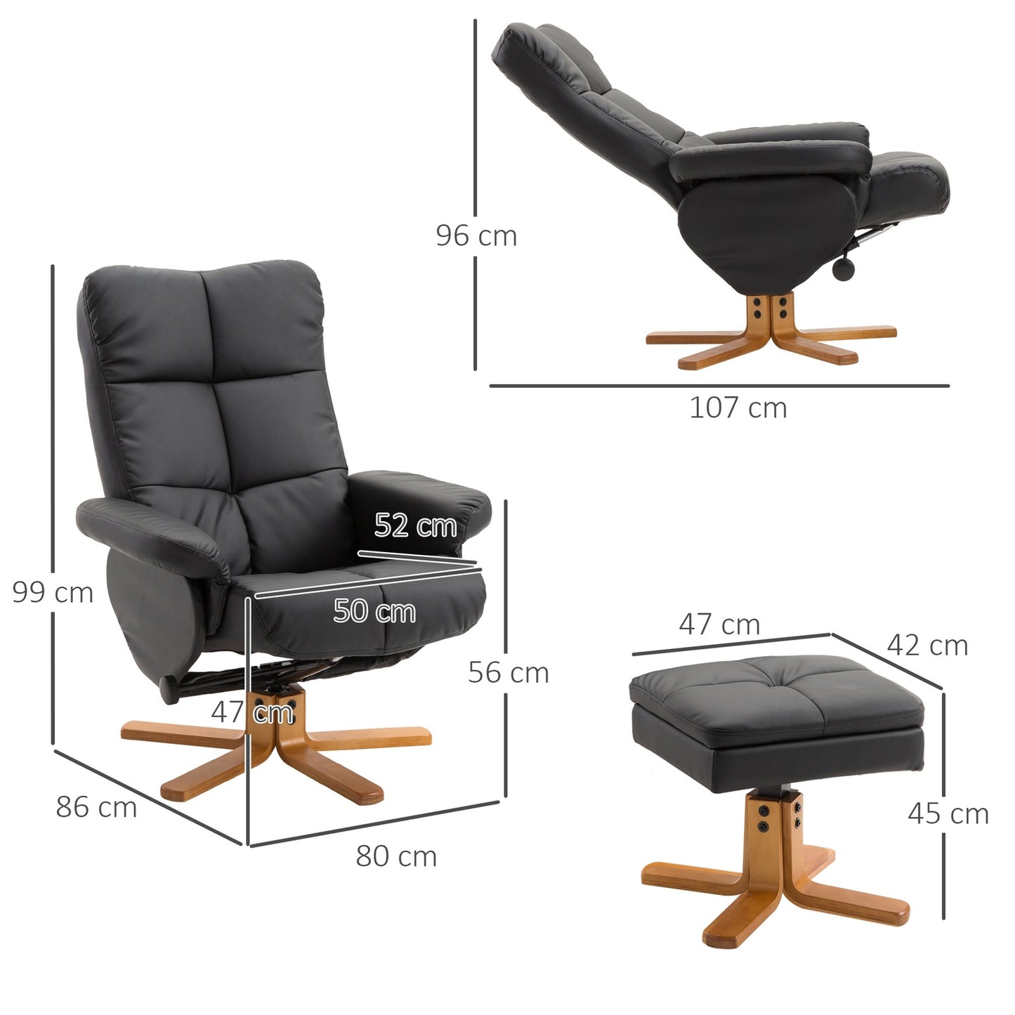 Lounger with ottoman, 360° rotatable, black PU leather