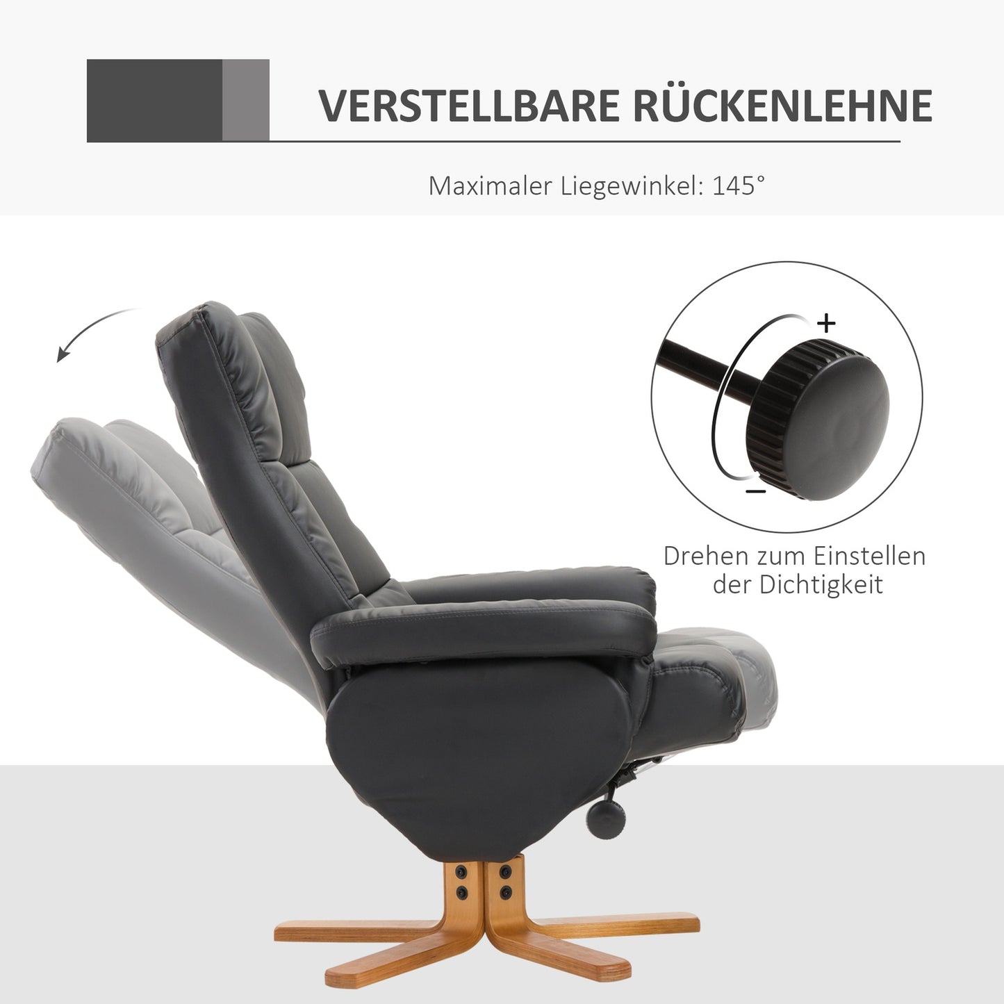 Lounger with ottoman, 360° rotatable, black PU leather