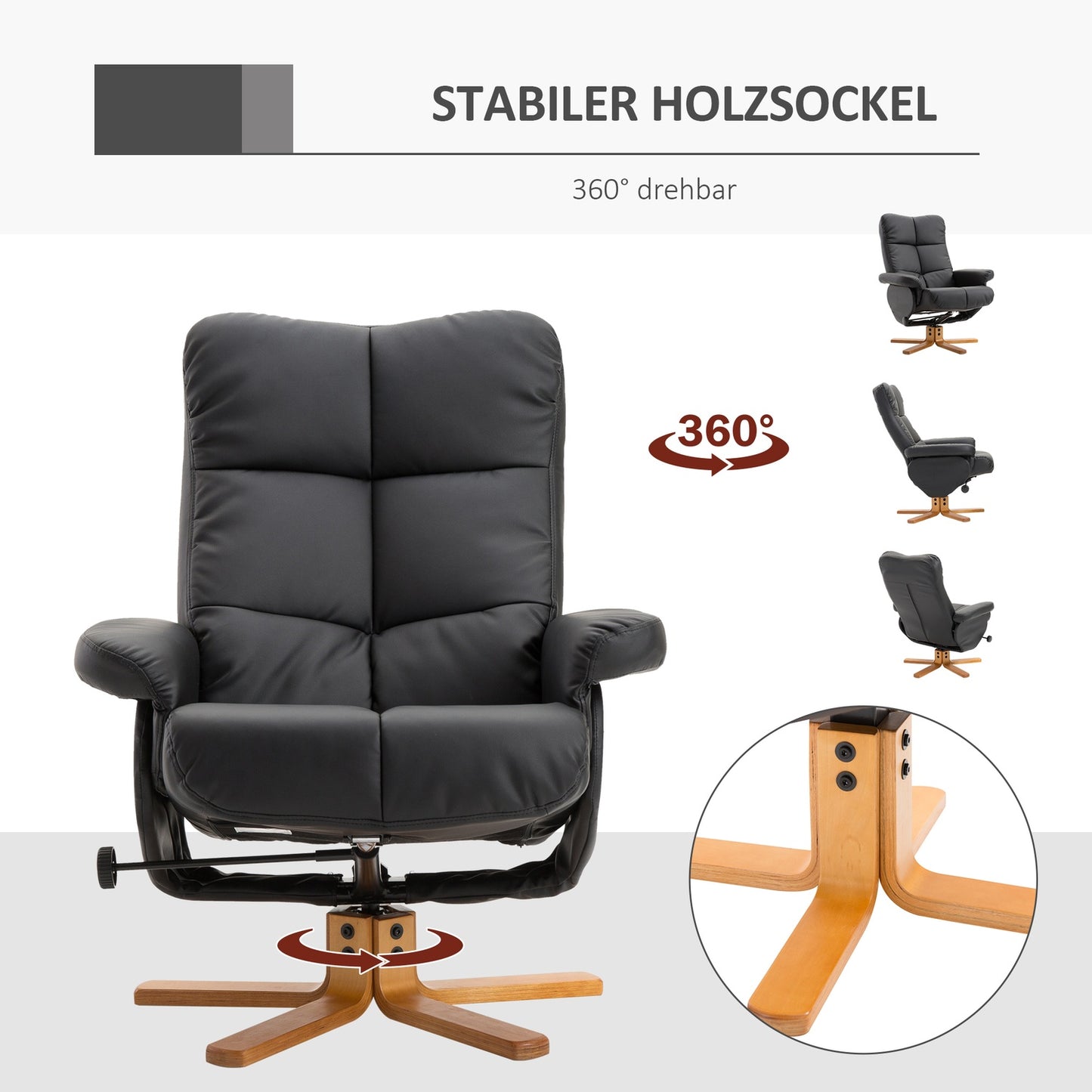 Lounger with ottoman, 360° rotatable, black PU leather