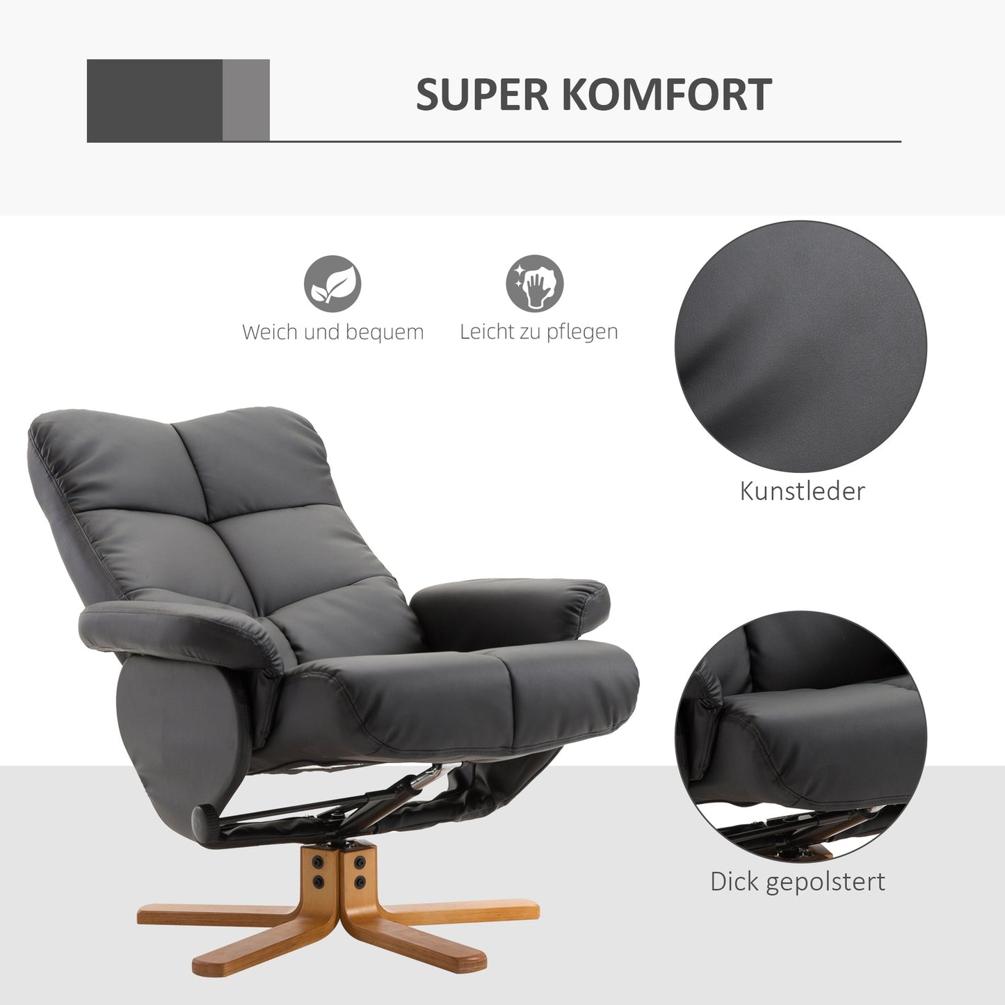 Lounger with ottoman, 360° rotatable, black PU leather