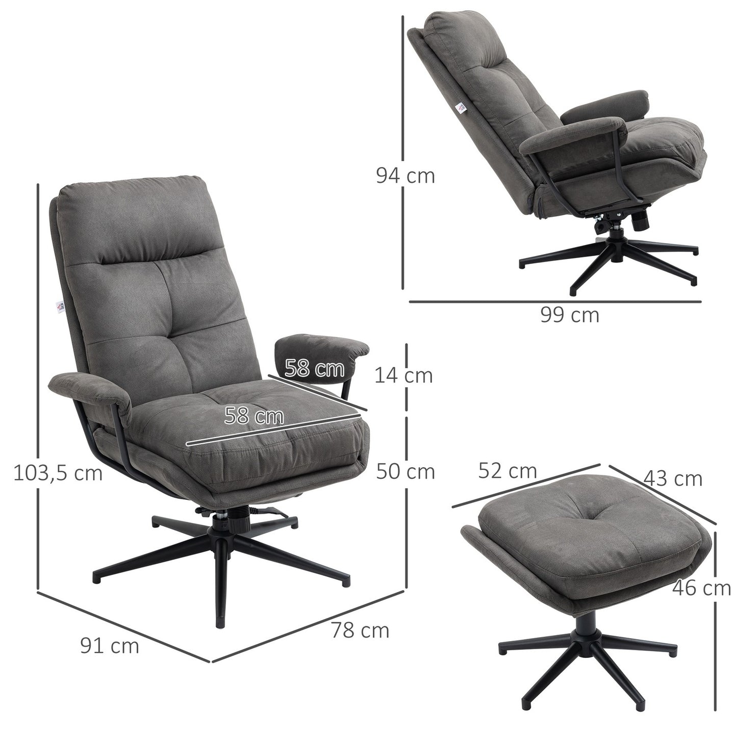 Reclining relaxation chair set with swivel base, dark grey