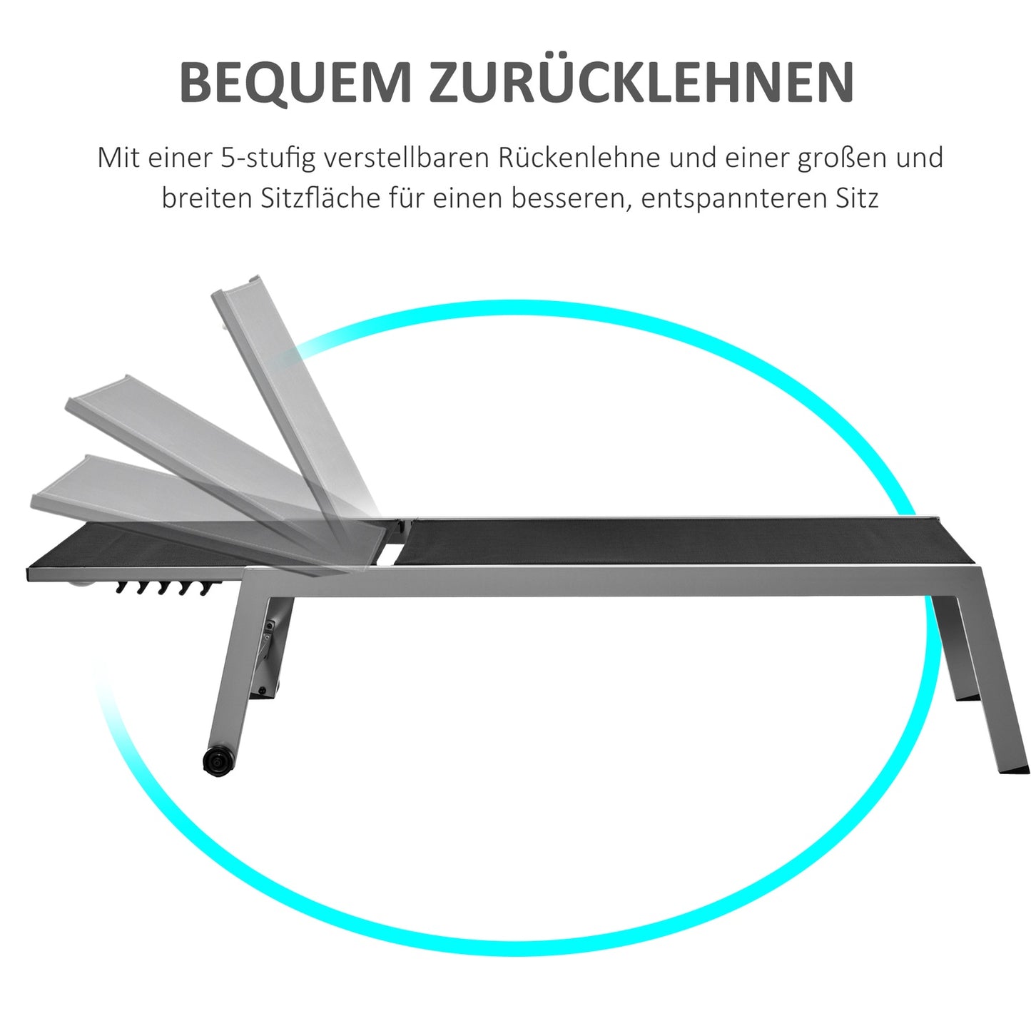 Adjustable sun lounger, black aluminium, 5-level backrest
