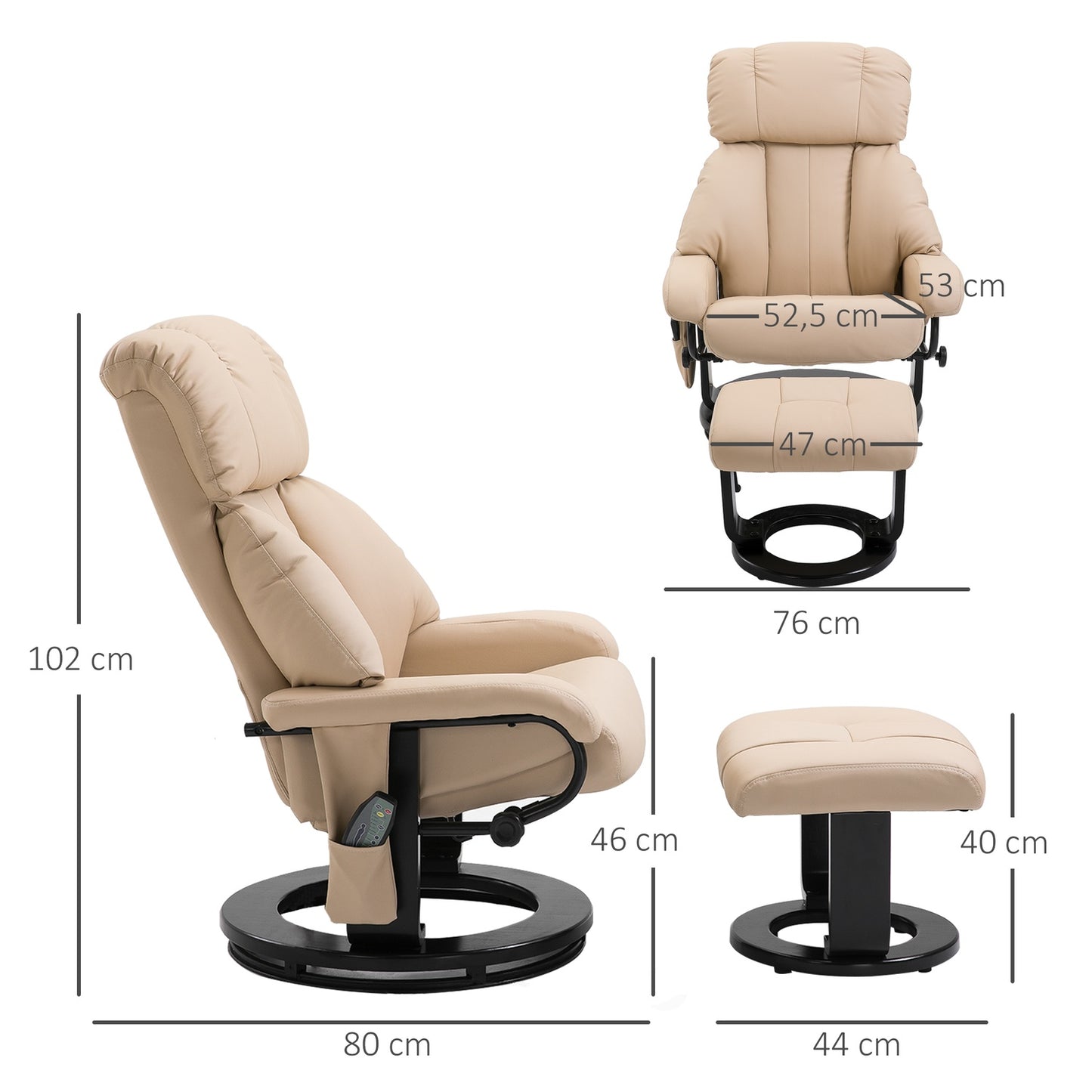 Beige Ergonomic recliner with massage & ottoman, 76x80x102 Cm