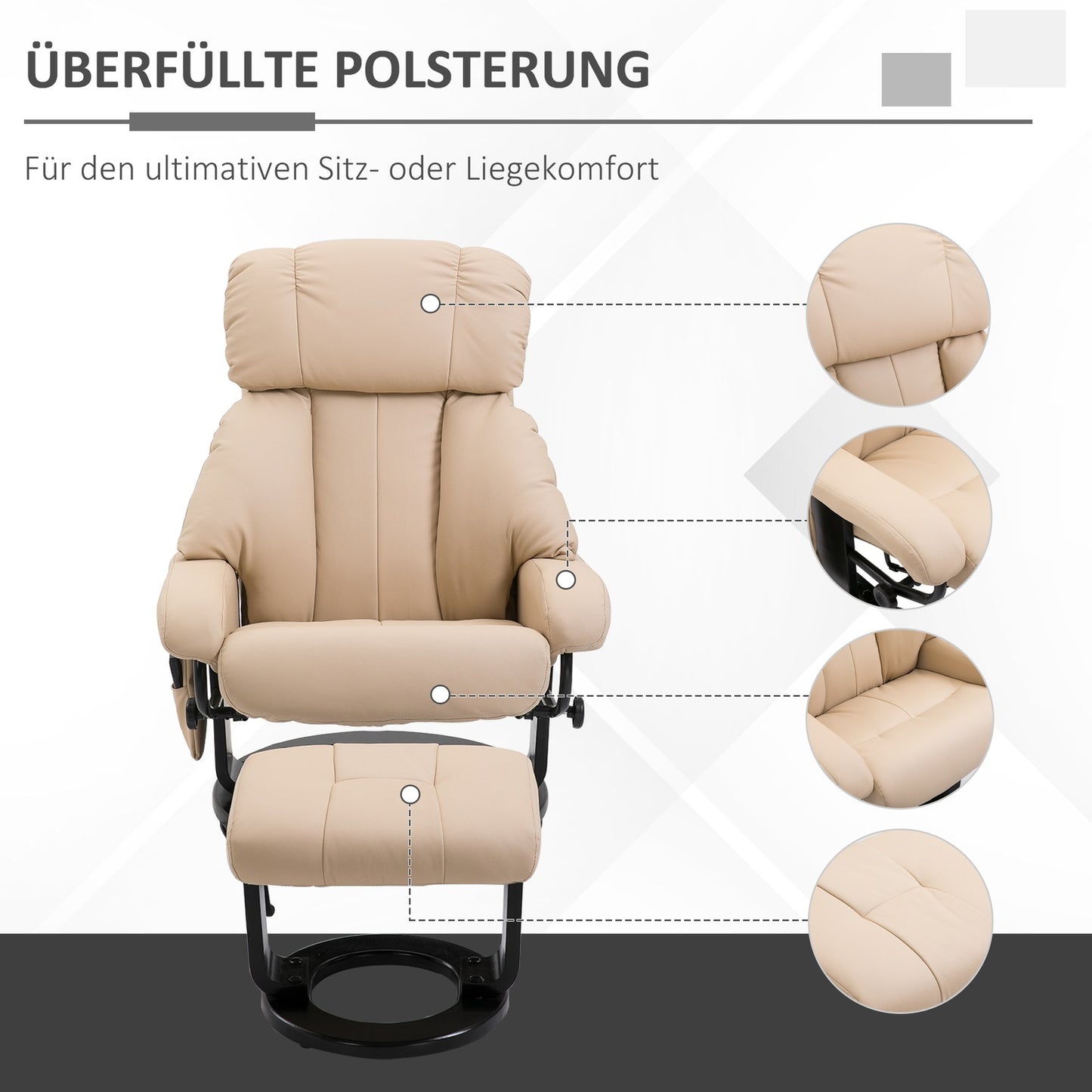 Beige Ergonomic recliner with massage & ottoman, 76x80x102 Cm