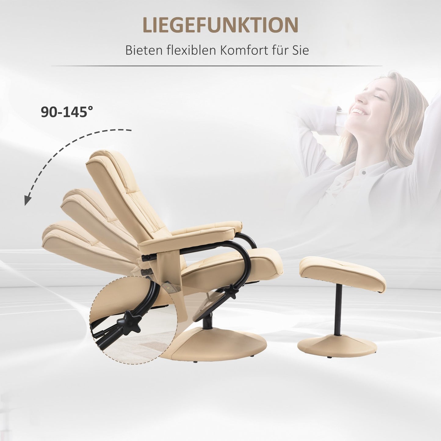Reclining massage chair with stool - artificial leather, cream