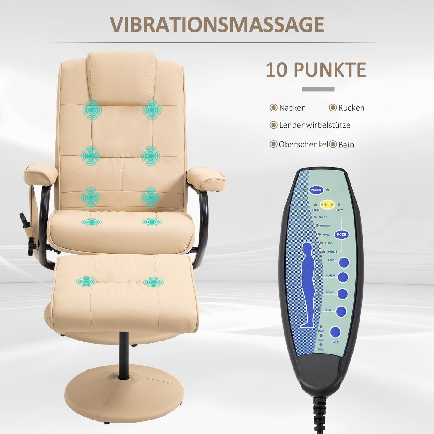 Reclining massage chair with stool - artificial leather, cream