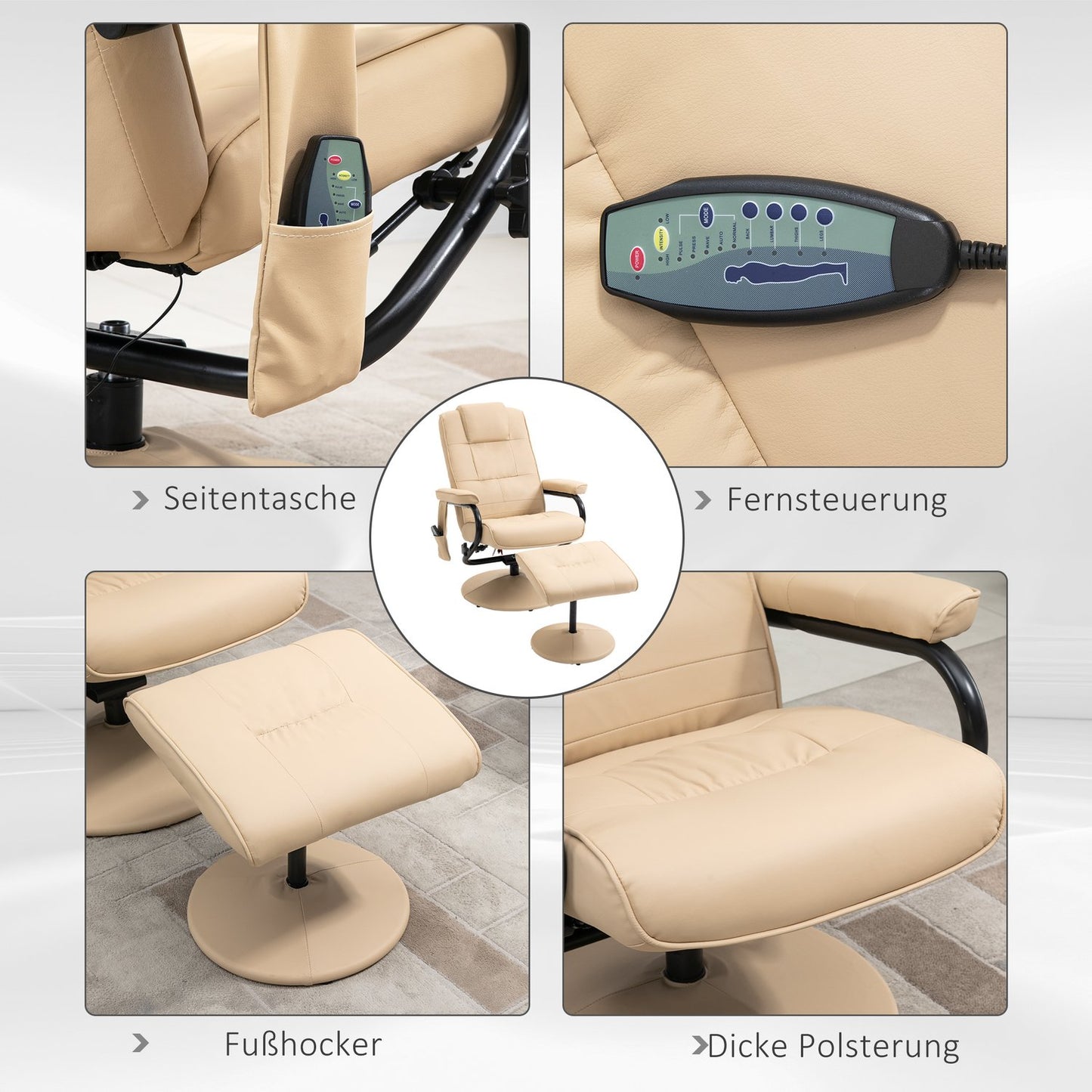 Reclining massage chair with stool - artificial leather, cream