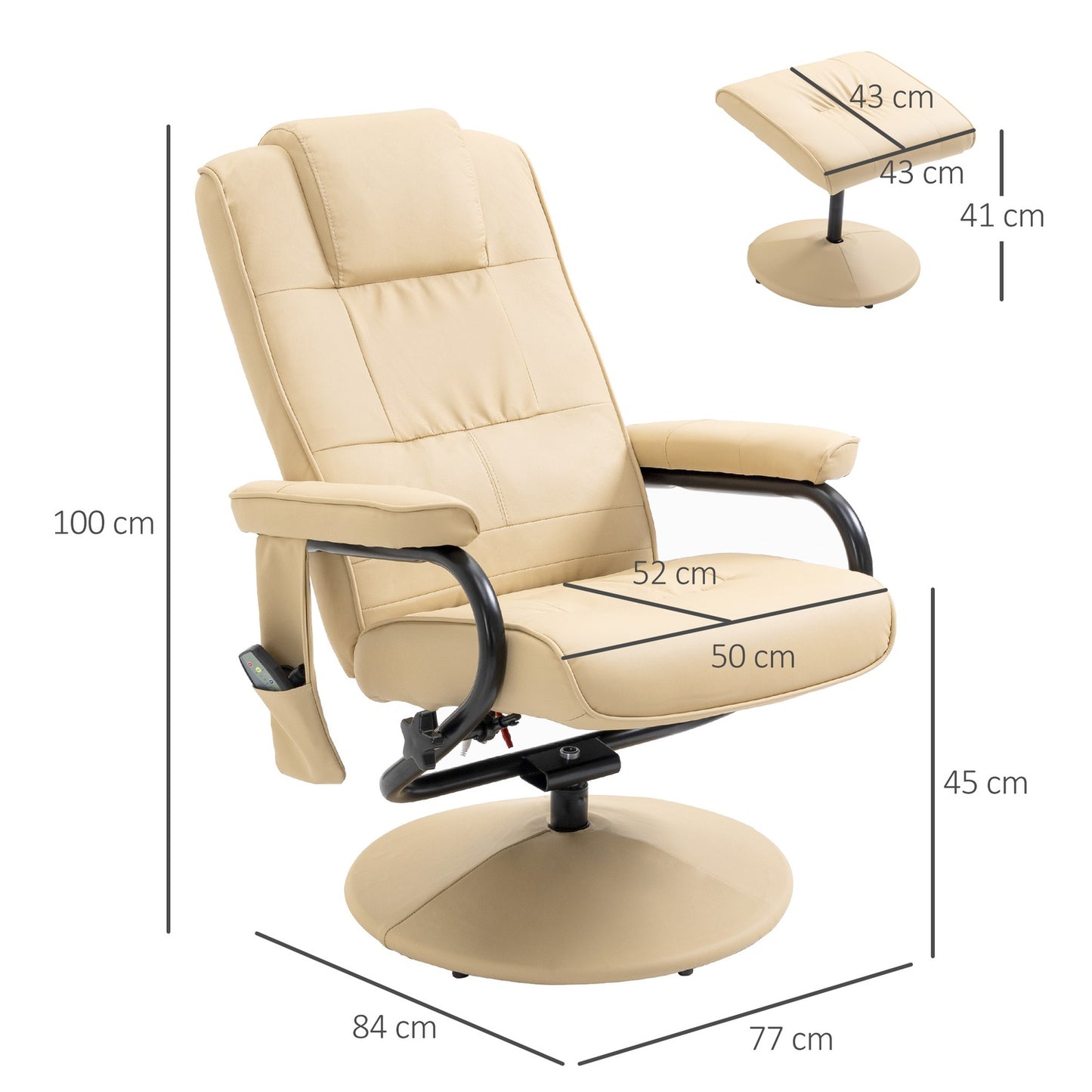 Reclining massage chair with stool - artificial leather, cream