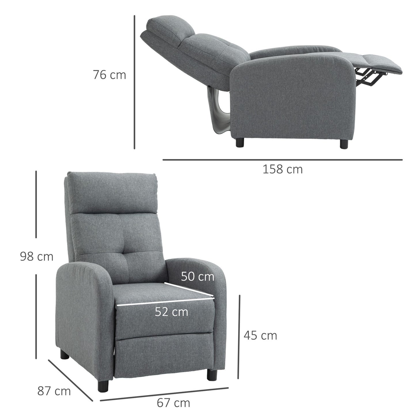 Recliner with Pocket Springs, 150kg, Gray Linen