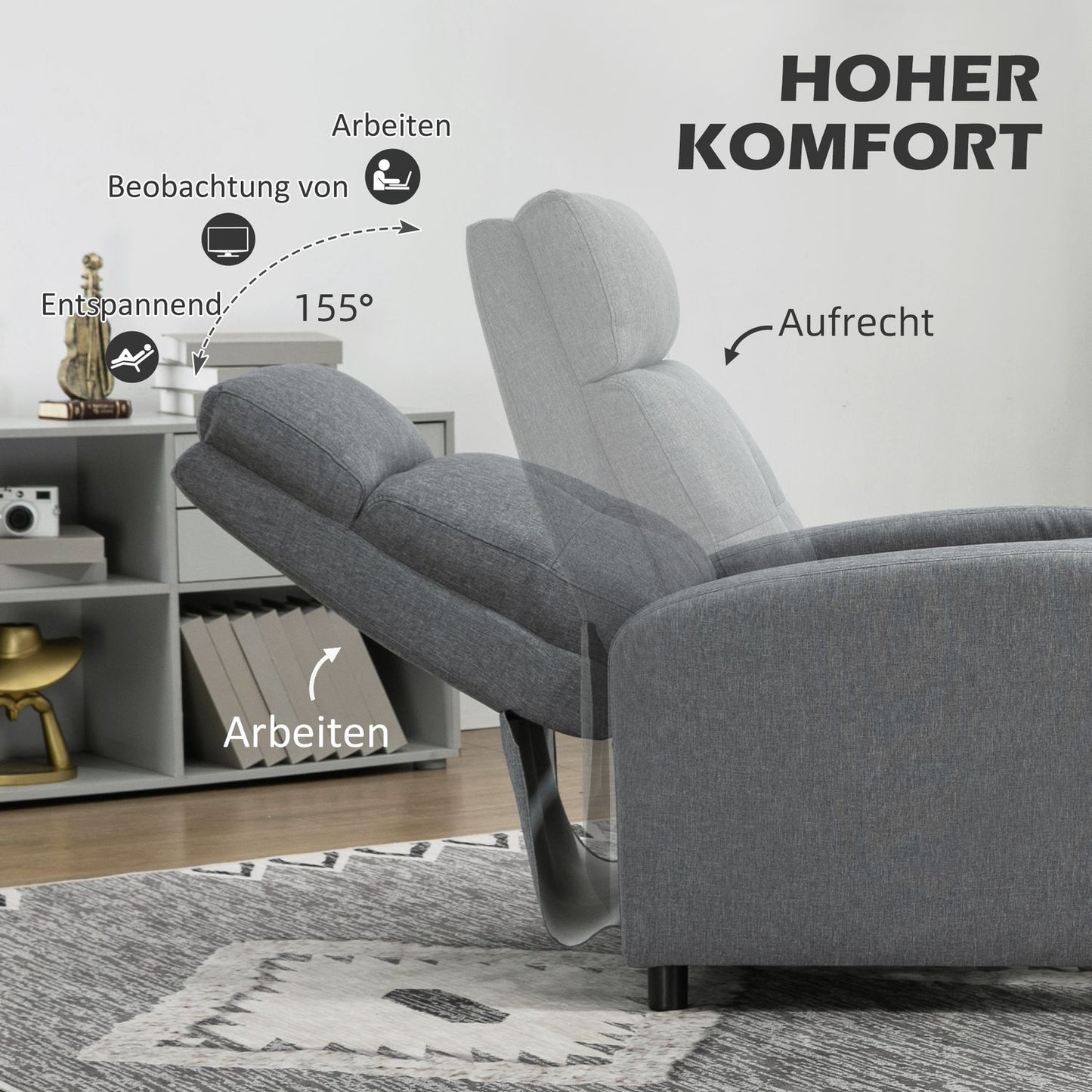 Recliner with Pocket Springs, 150kg, Gray Linen