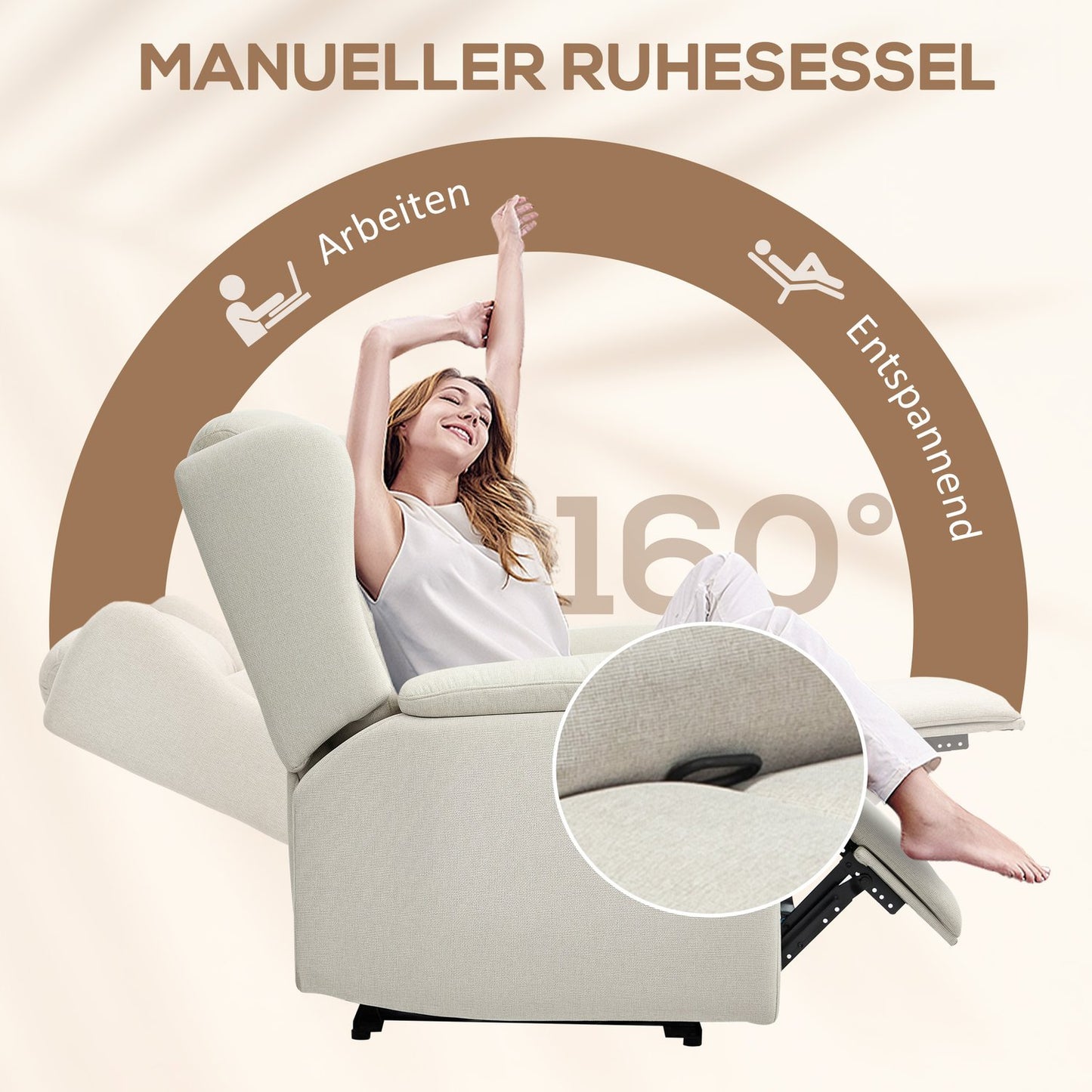 Beige recliner with pocket spring, 150 kg capacity