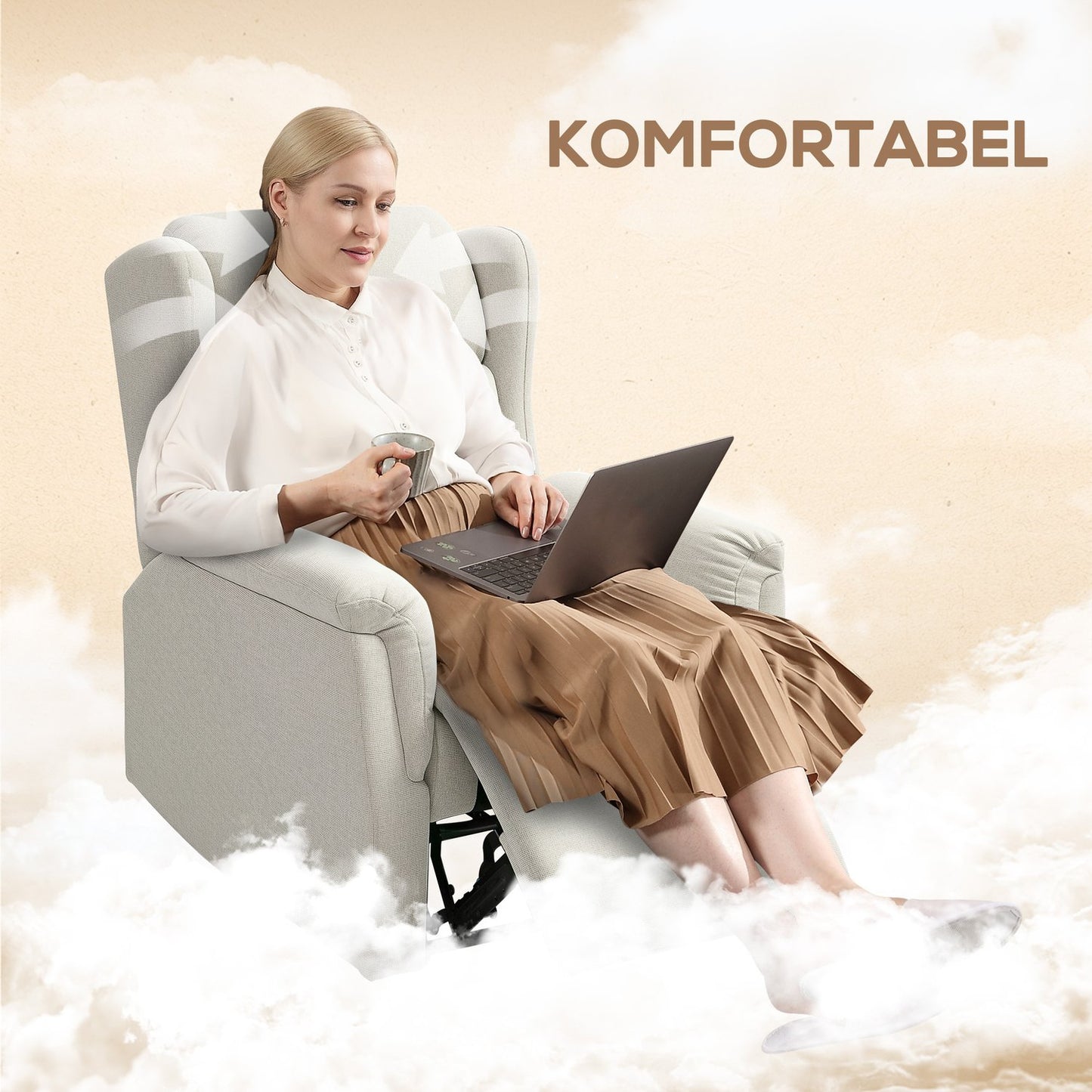 Beige recliner with pocket spring, 150 kg capacity