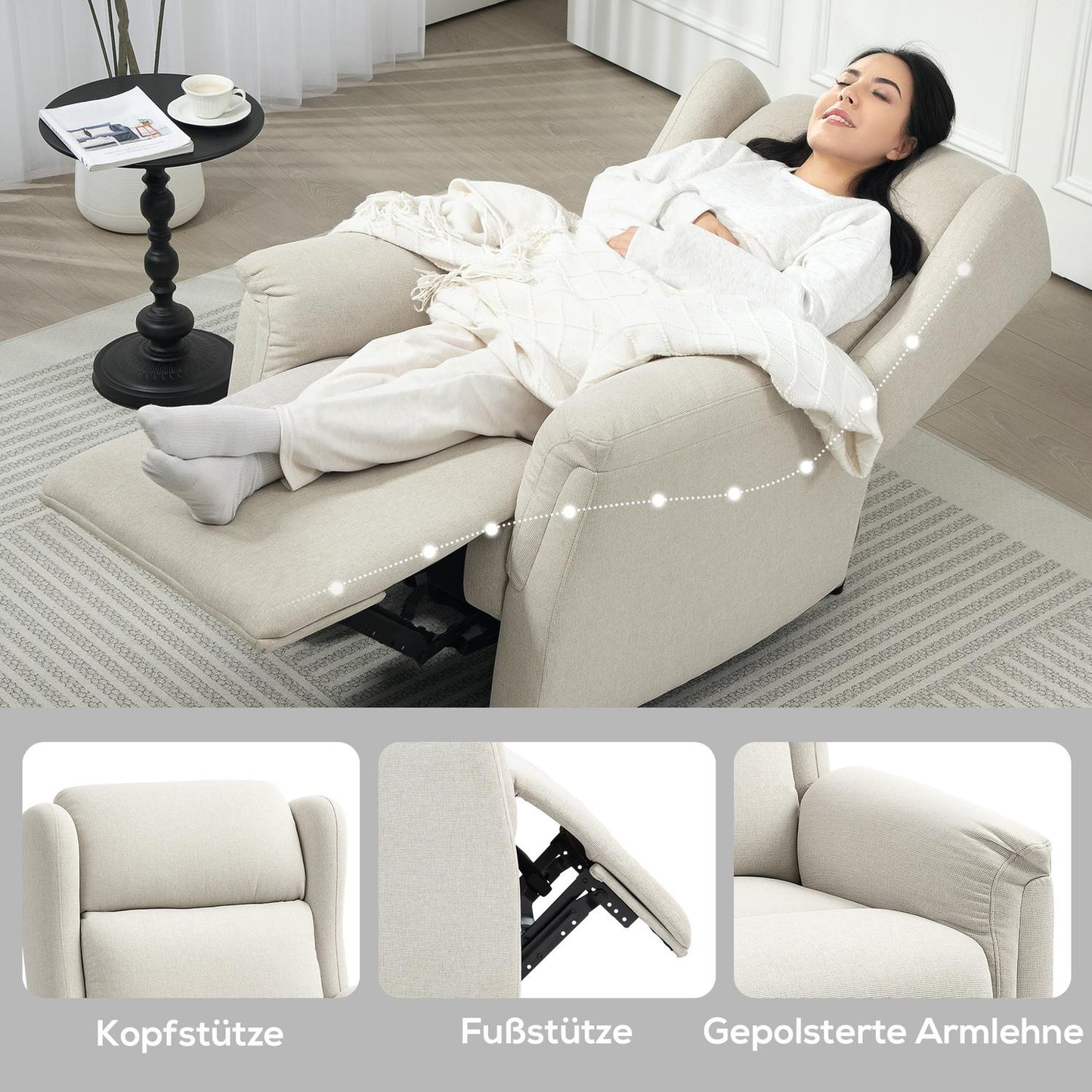 Beige recliner with pocket spring, 150 kg capacity