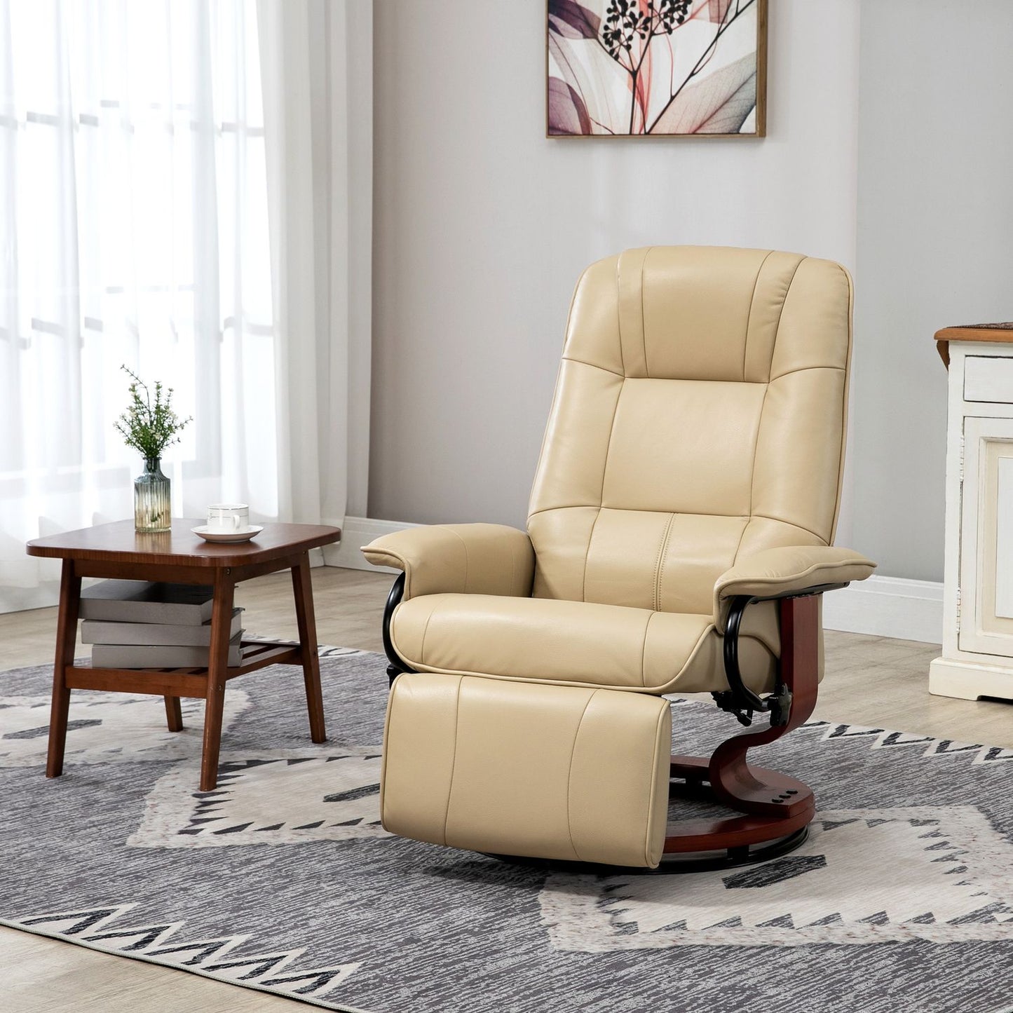 Cream white artificial leather armchair with footrest