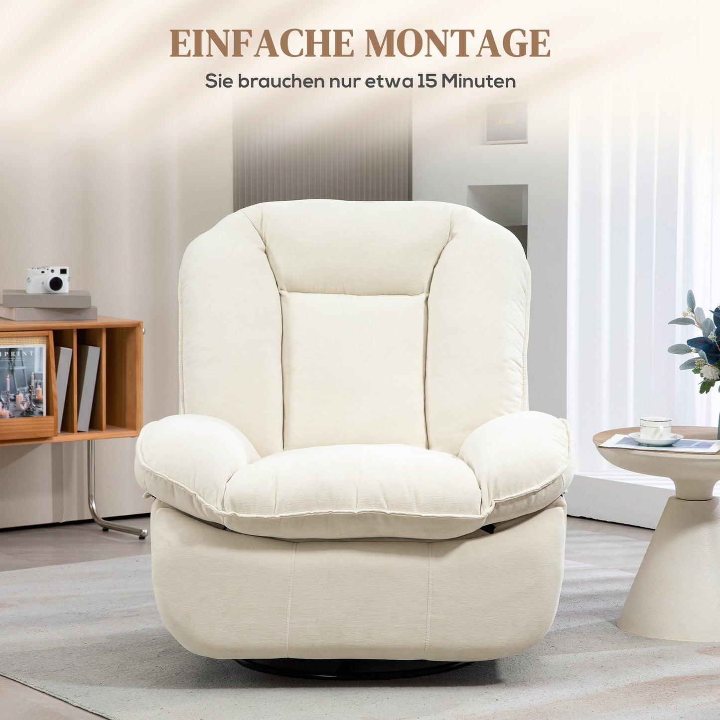 Lounger with swing, swivel, footrest and side pocket