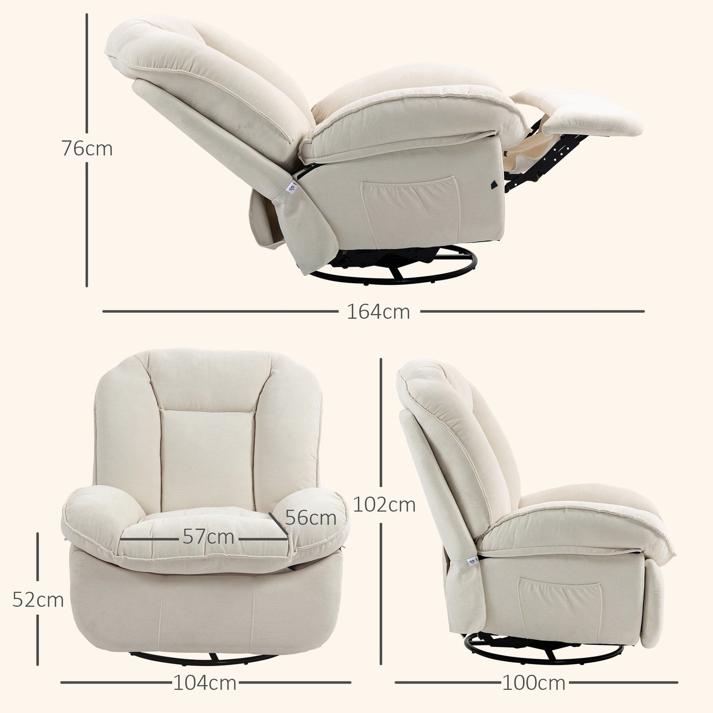 Lounger with swing, swivel, footrest and side pocket