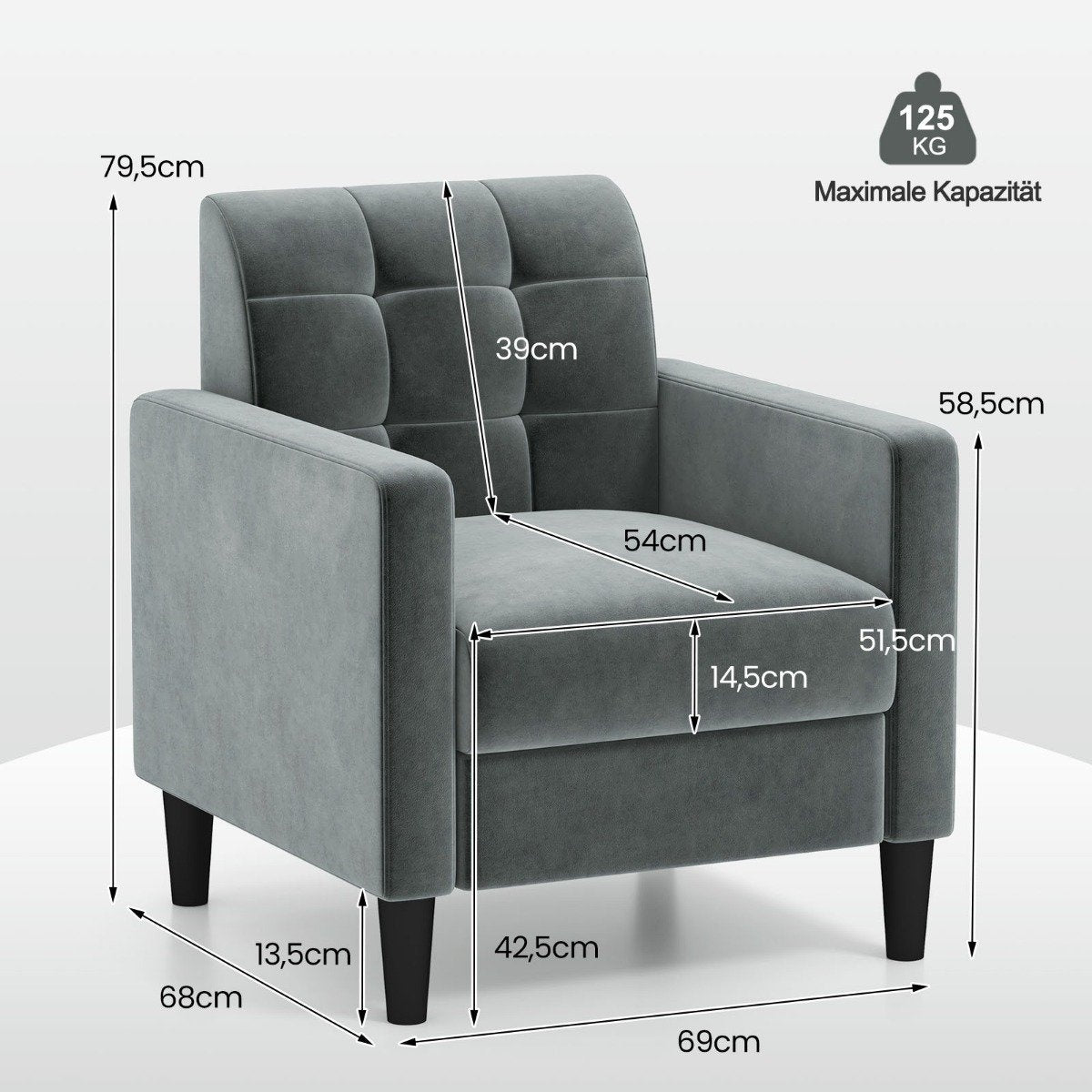 Relaxation armchair modern TV armchair made of velvet in mid-century style upholstered armchair with tufted backrest gray