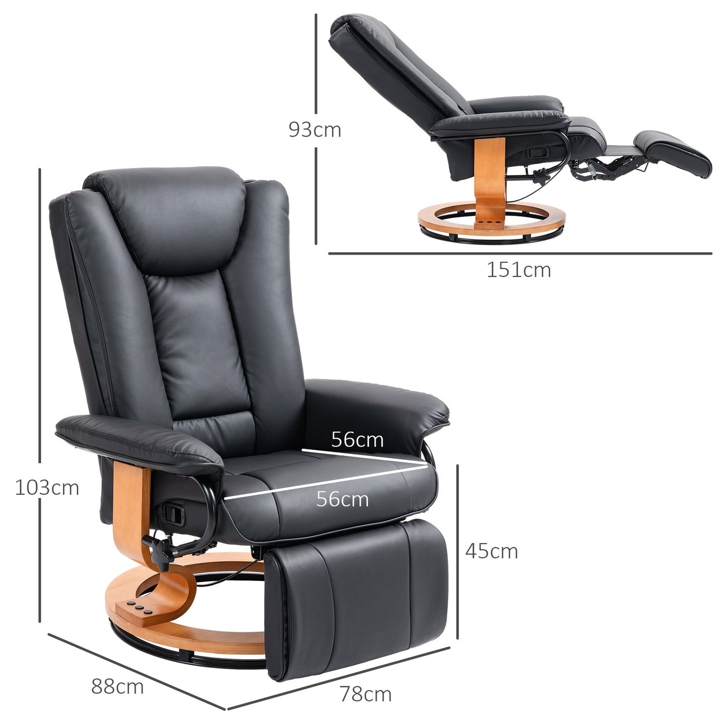 Swivel recliner, synthetic leather, black, 150 kg capacity